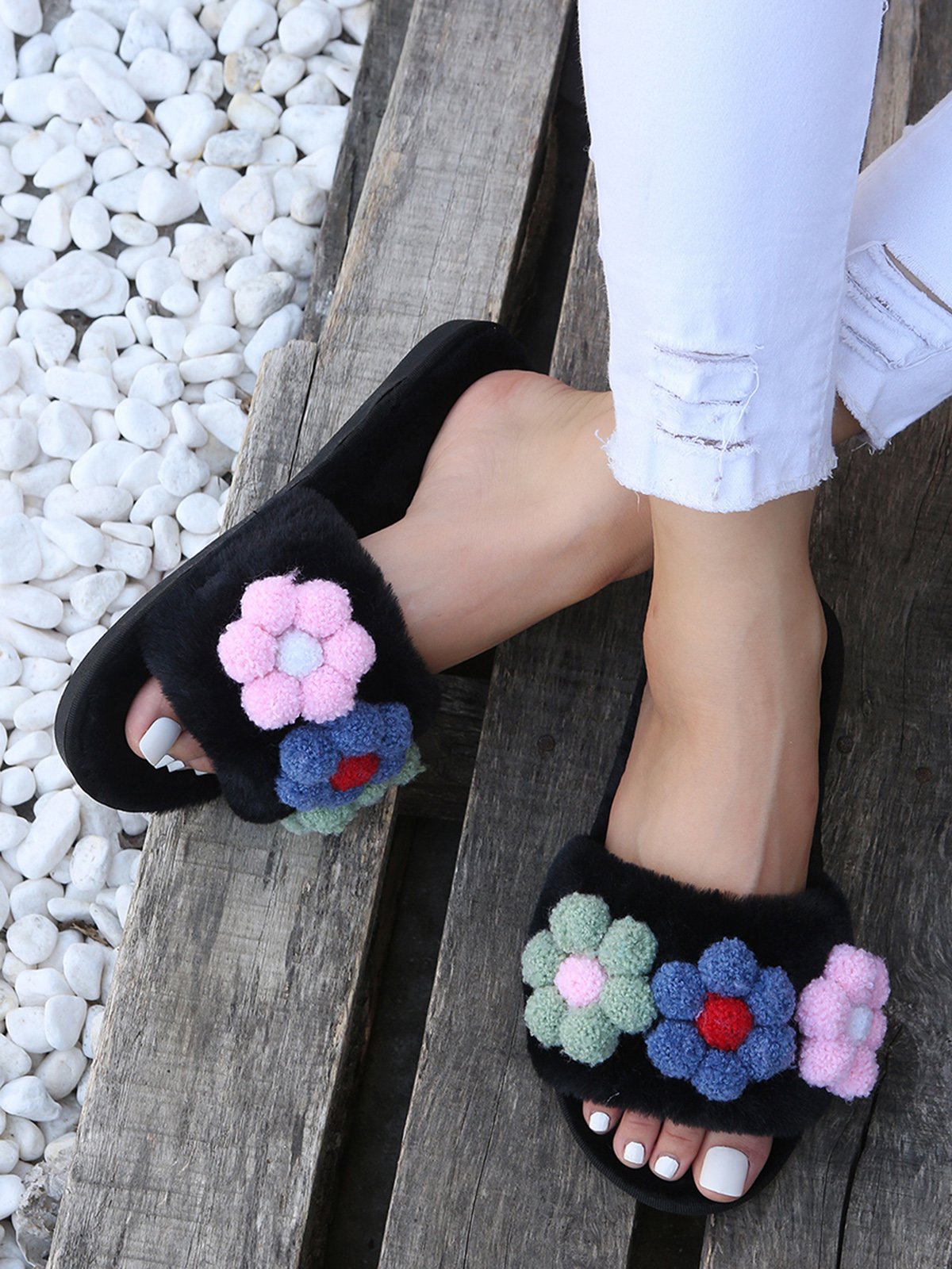 Cute Flowers Warm Faux Fur Indoor Slippers