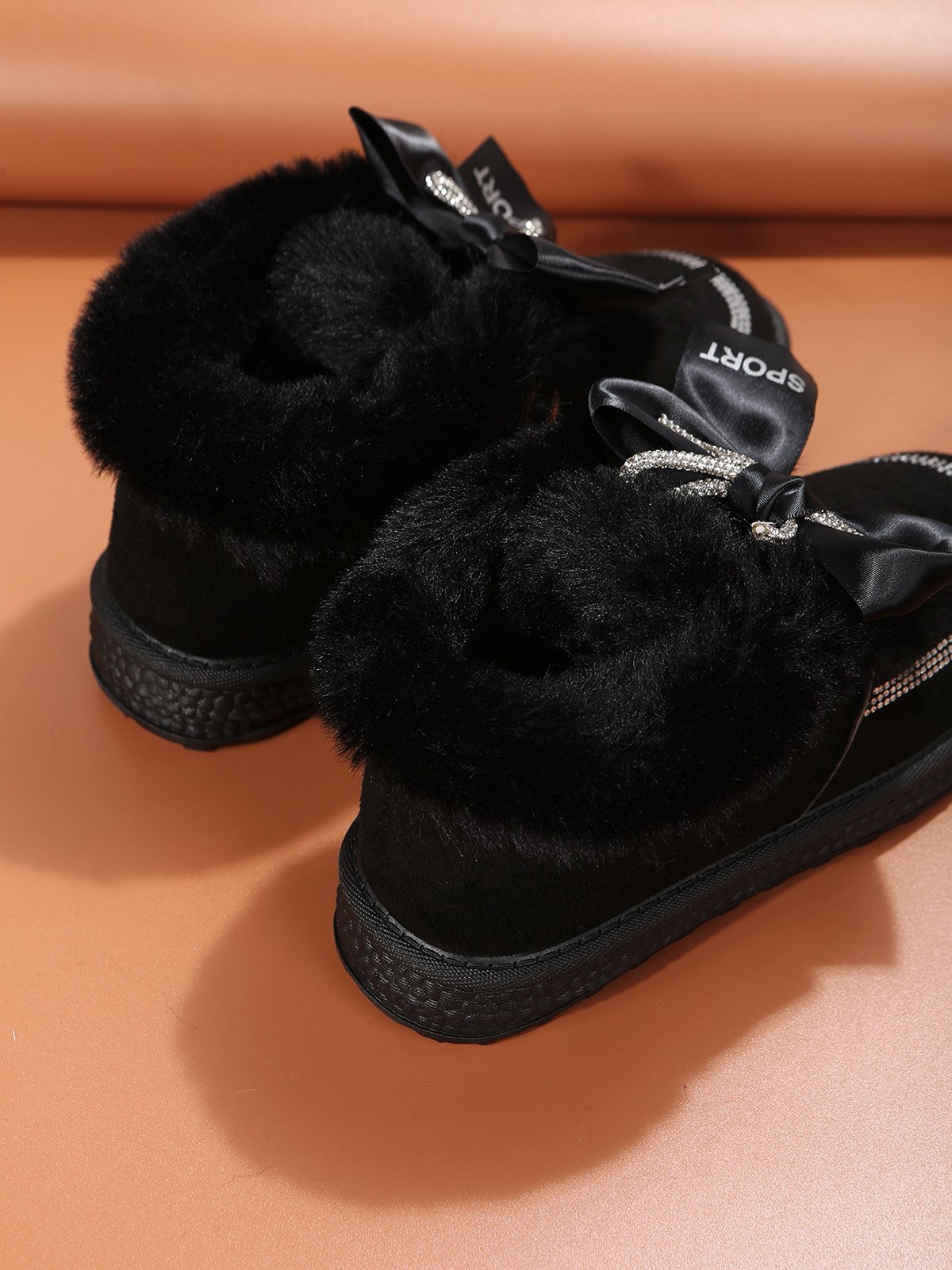 Winter Casual Rhinestone Bow Furry Lined Snow Booties
