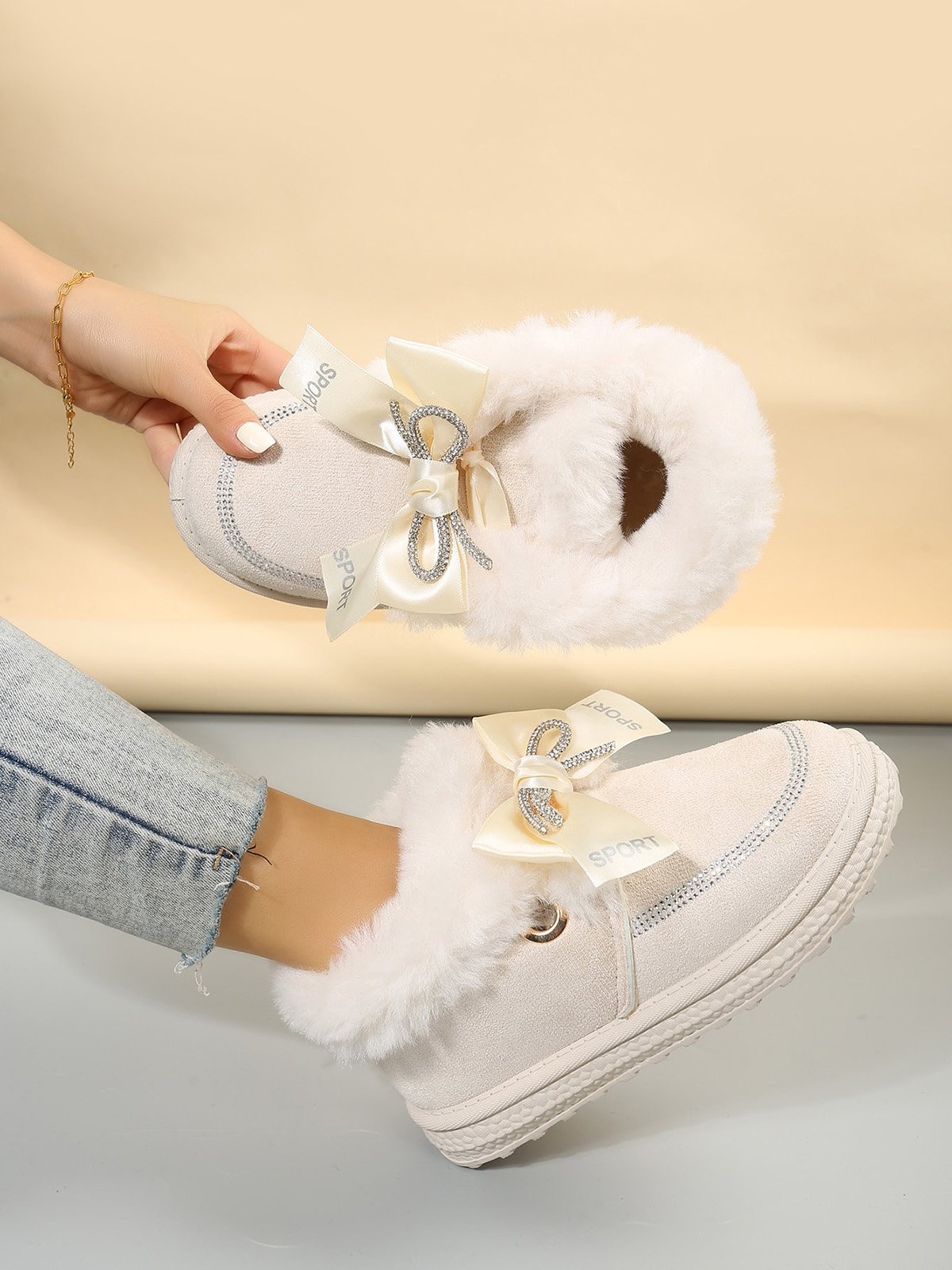 Winter Casual Rhinestone Bow Furry Lined Snow Booties
