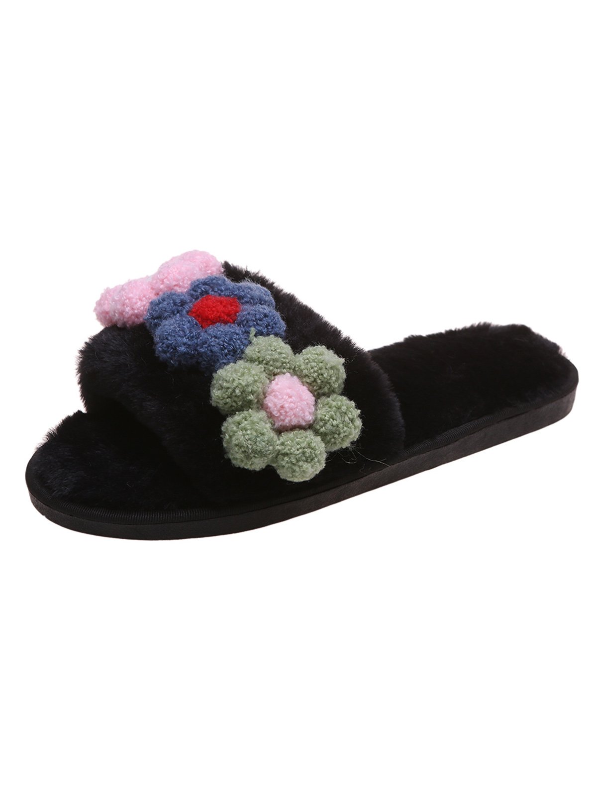 Cute Flowers Warm Faux Fur Indoor Slippers