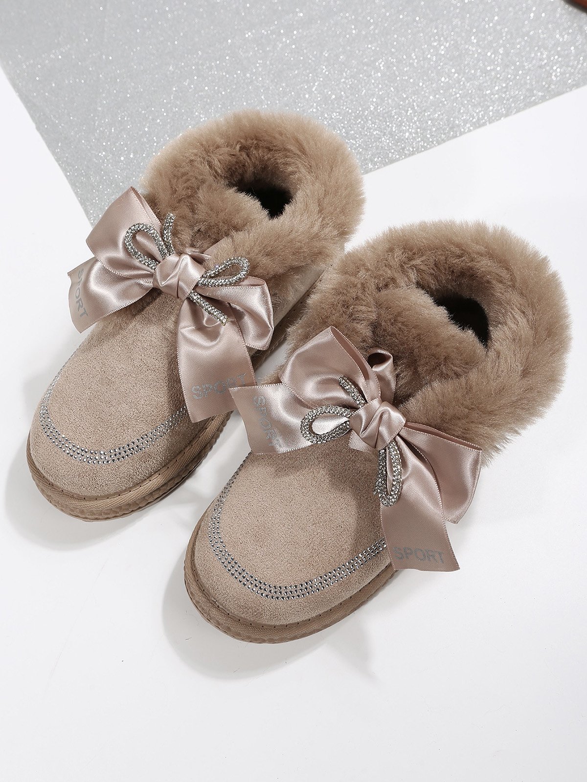 Winter Casual Rhinestone Bow Furry Lined Snow Booties