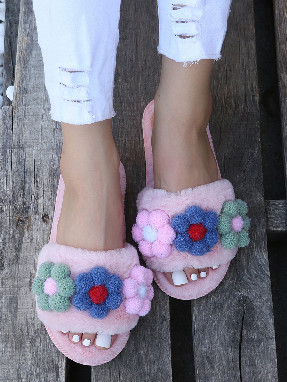 Cute Flowers Warm Faux Fur Indoor Slippers