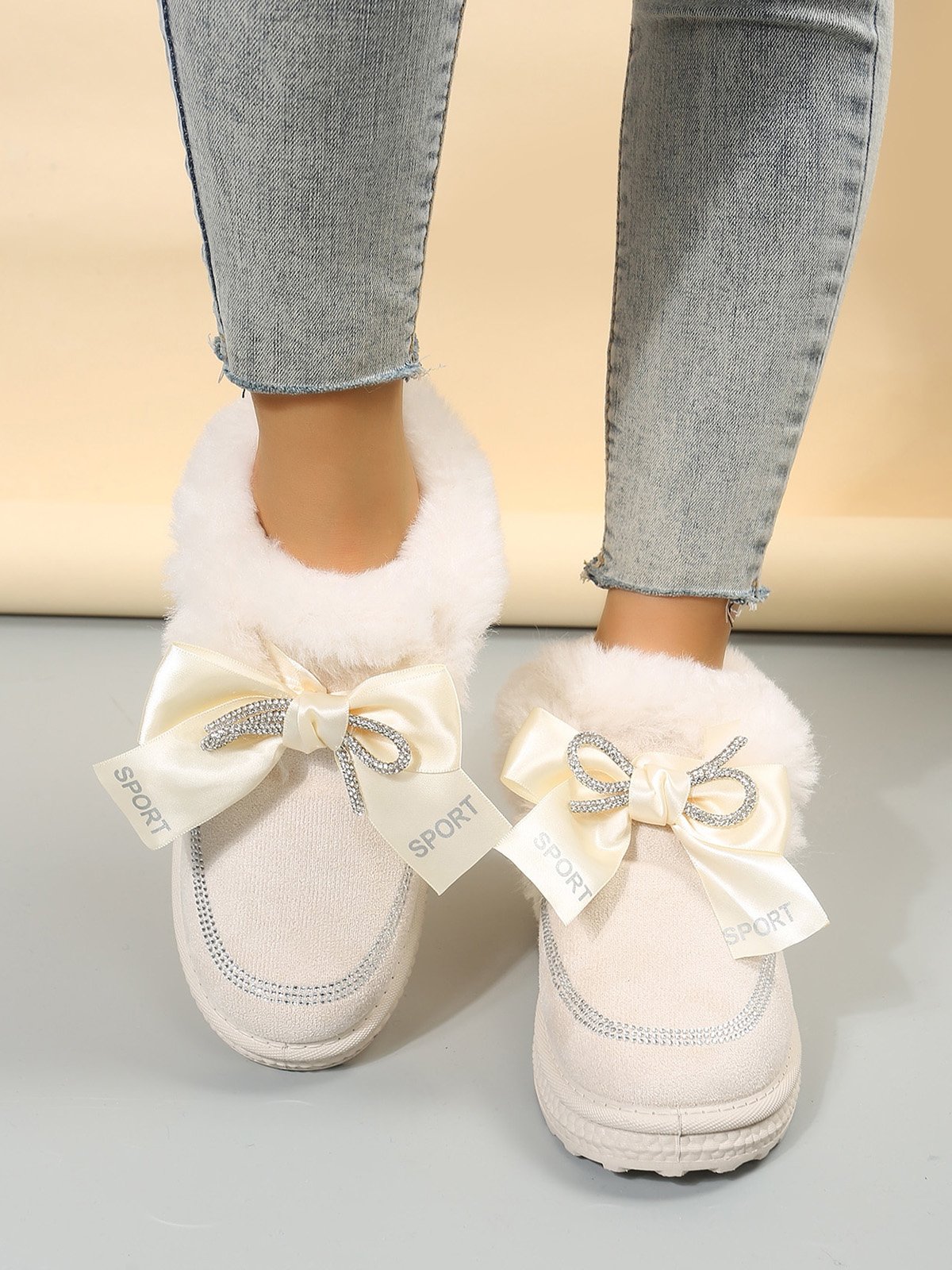 Winter Casual Rhinestone Bow Furry Lined Snow Booties