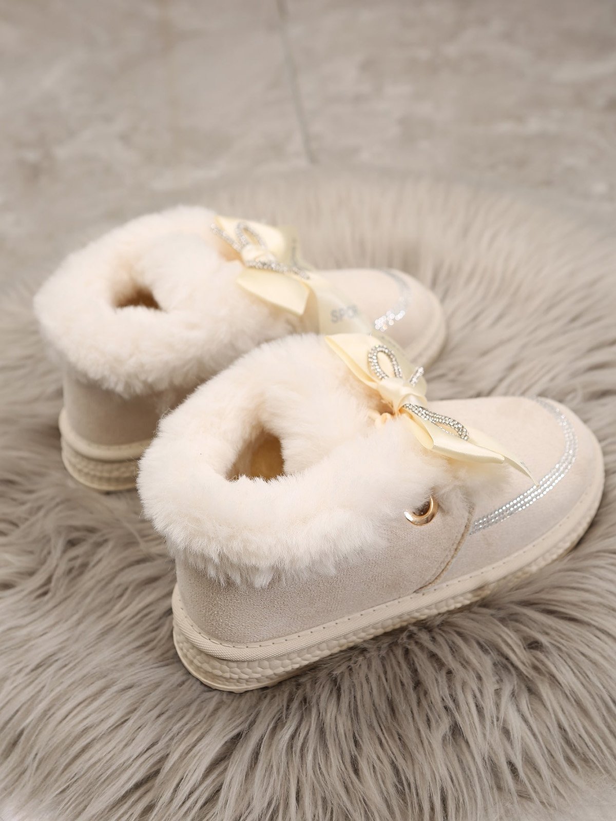 Winter Casual Rhinestone Bow Furry Lined Snow Booties