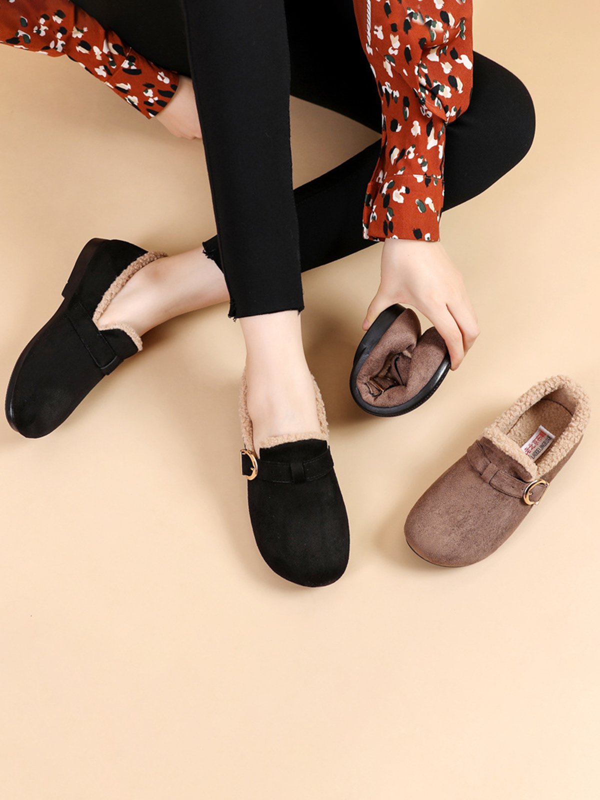 Casual Plain Buckle Warm Lined Flat Peas Shoes