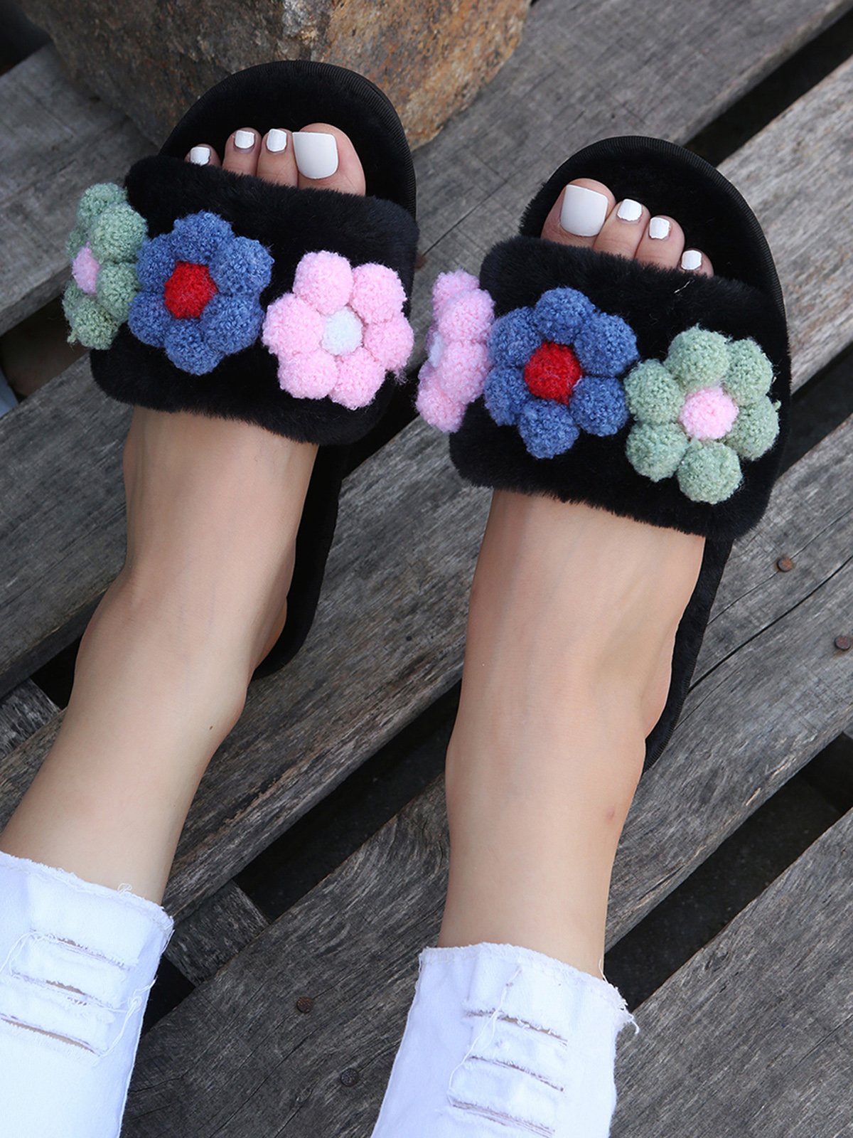 Cute Flowers Warm Faux Fur Indoor Slippers