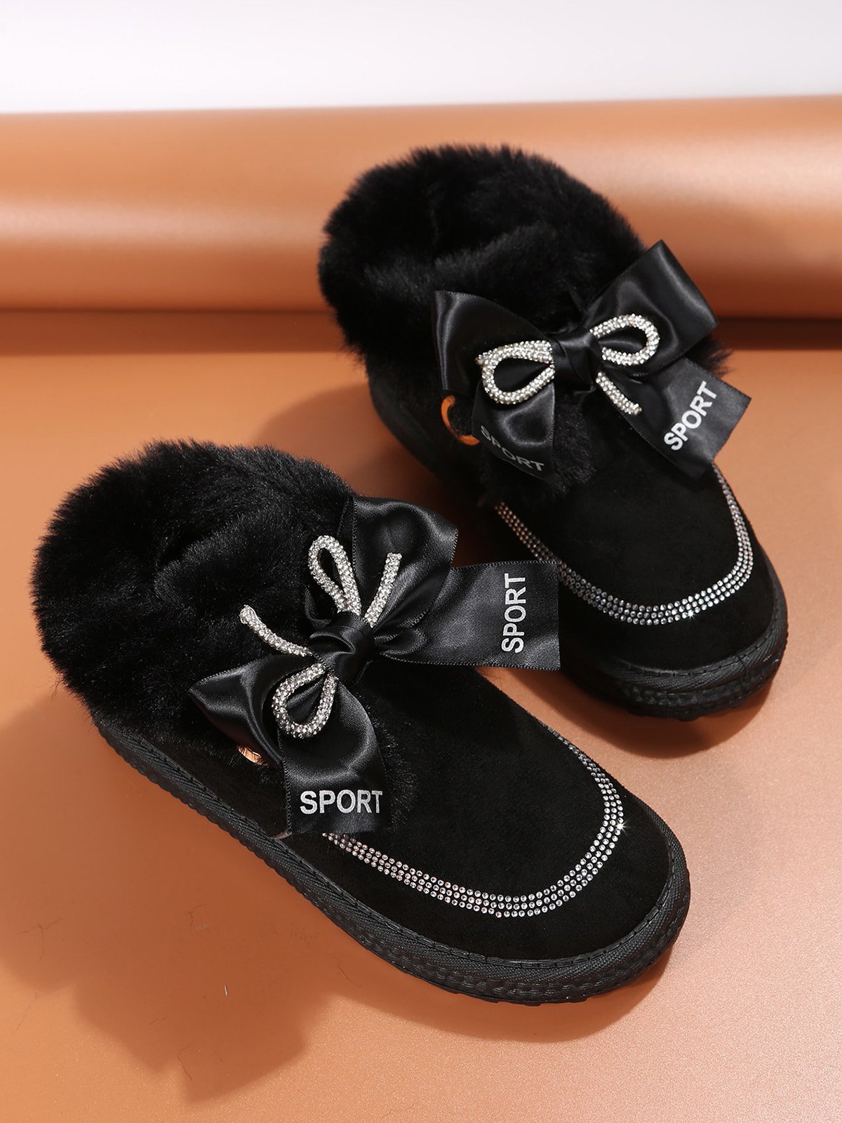 Winter Casual Rhinestone Bow Furry Lined Snow Booties
