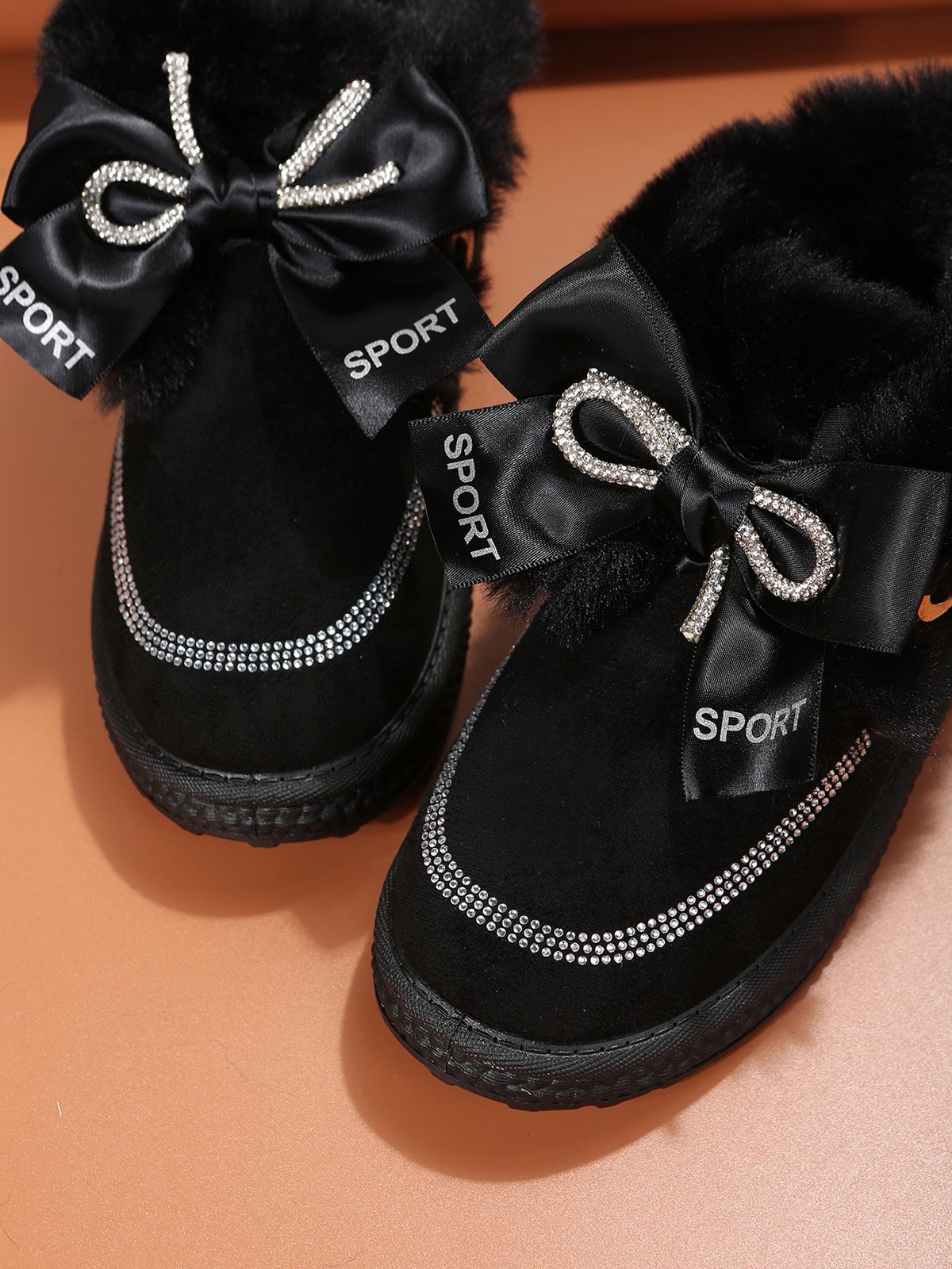 Winter Casual Rhinestone Bow Furry Lined Snow Booties