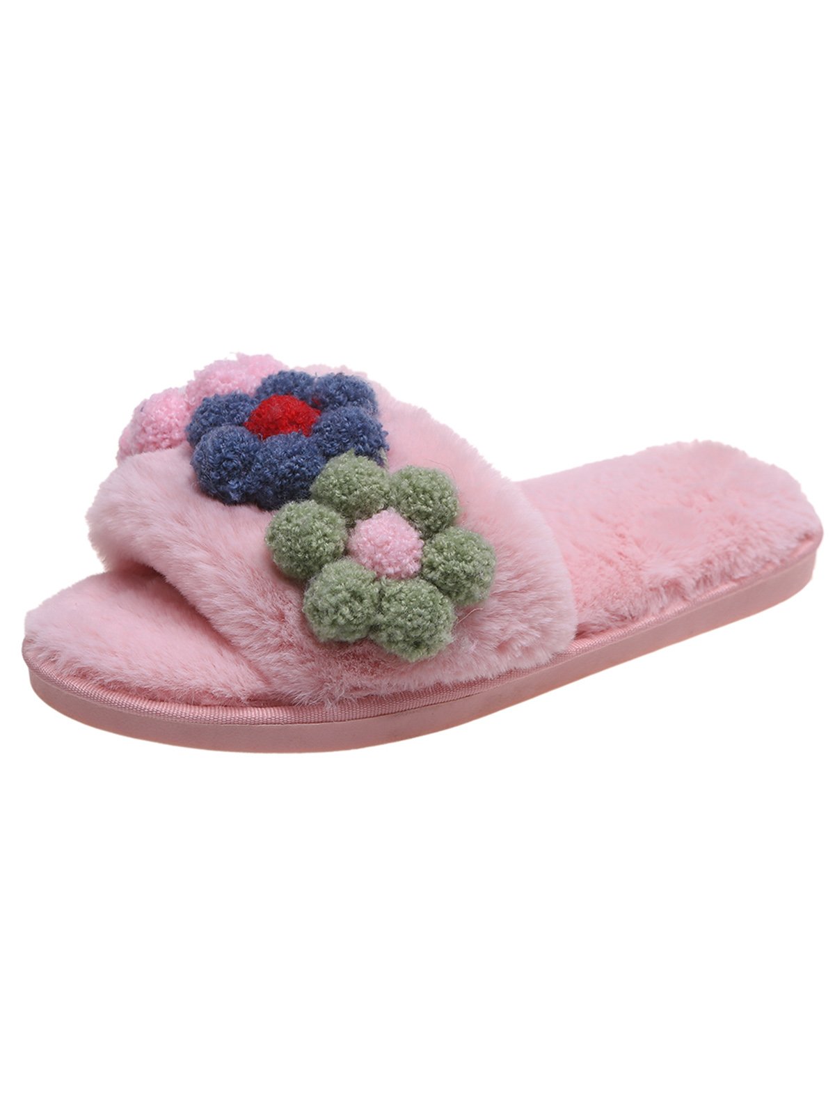 Cute Flowers Warm Faux Fur Indoor Slippers
