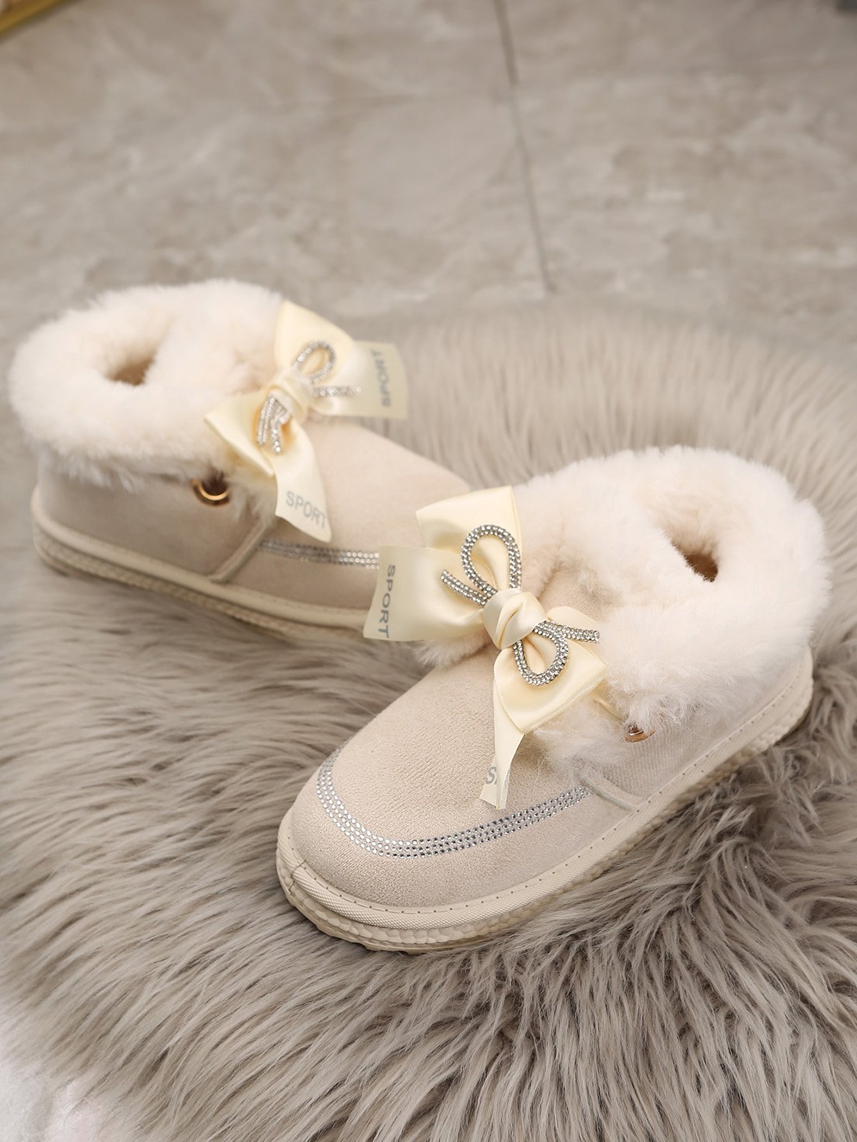 Winter Casual Rhinestone Bow Furry Lined Snow Booties