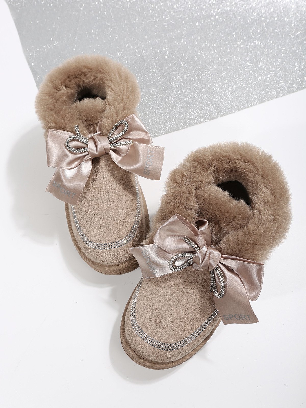 Winter Casual Rhinestone Bow Furry Lined Snow Booties