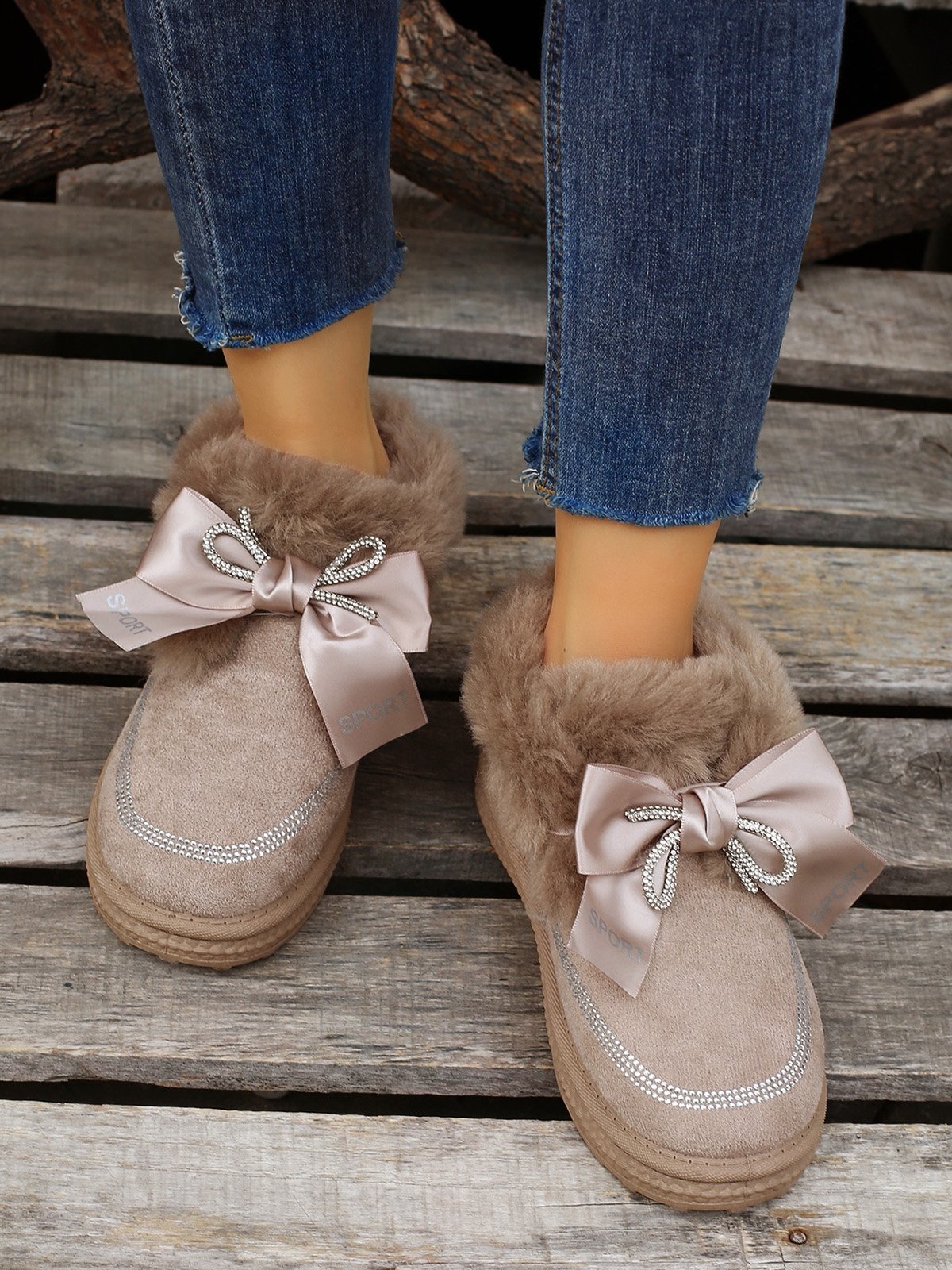 Winter Casual Rhinestone Bow Furry Lined Snow Booties