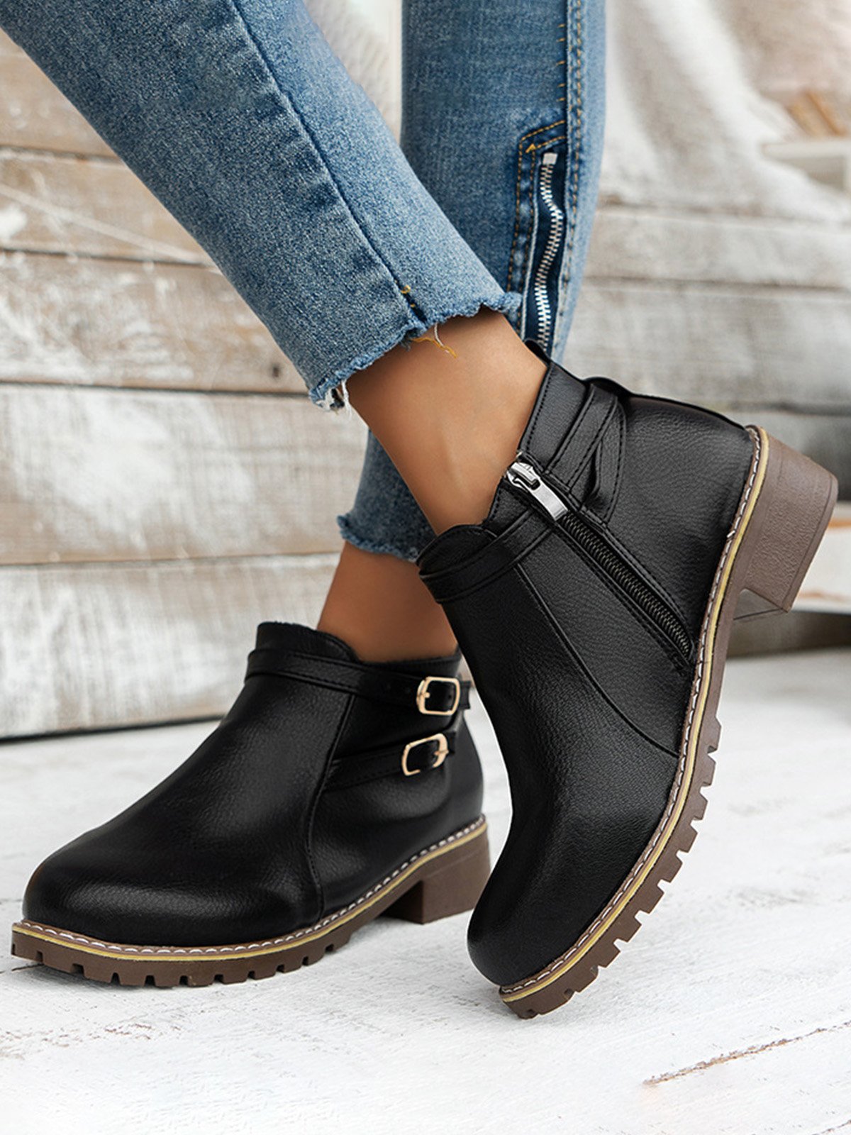 Women's Simple Plain Buckle Embellished Zip Booties