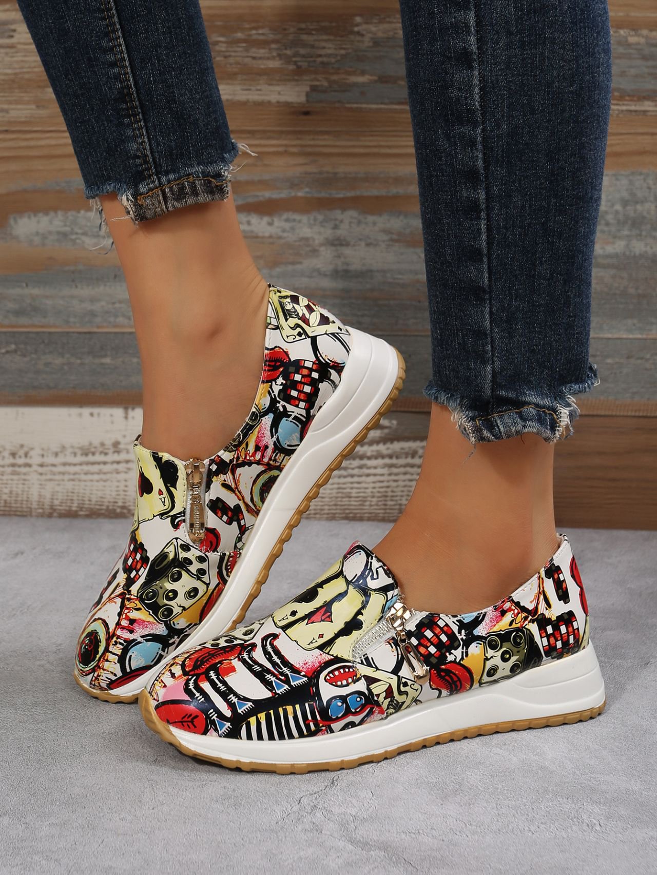 Women's Casual Printing Zip Up Flat Shoes