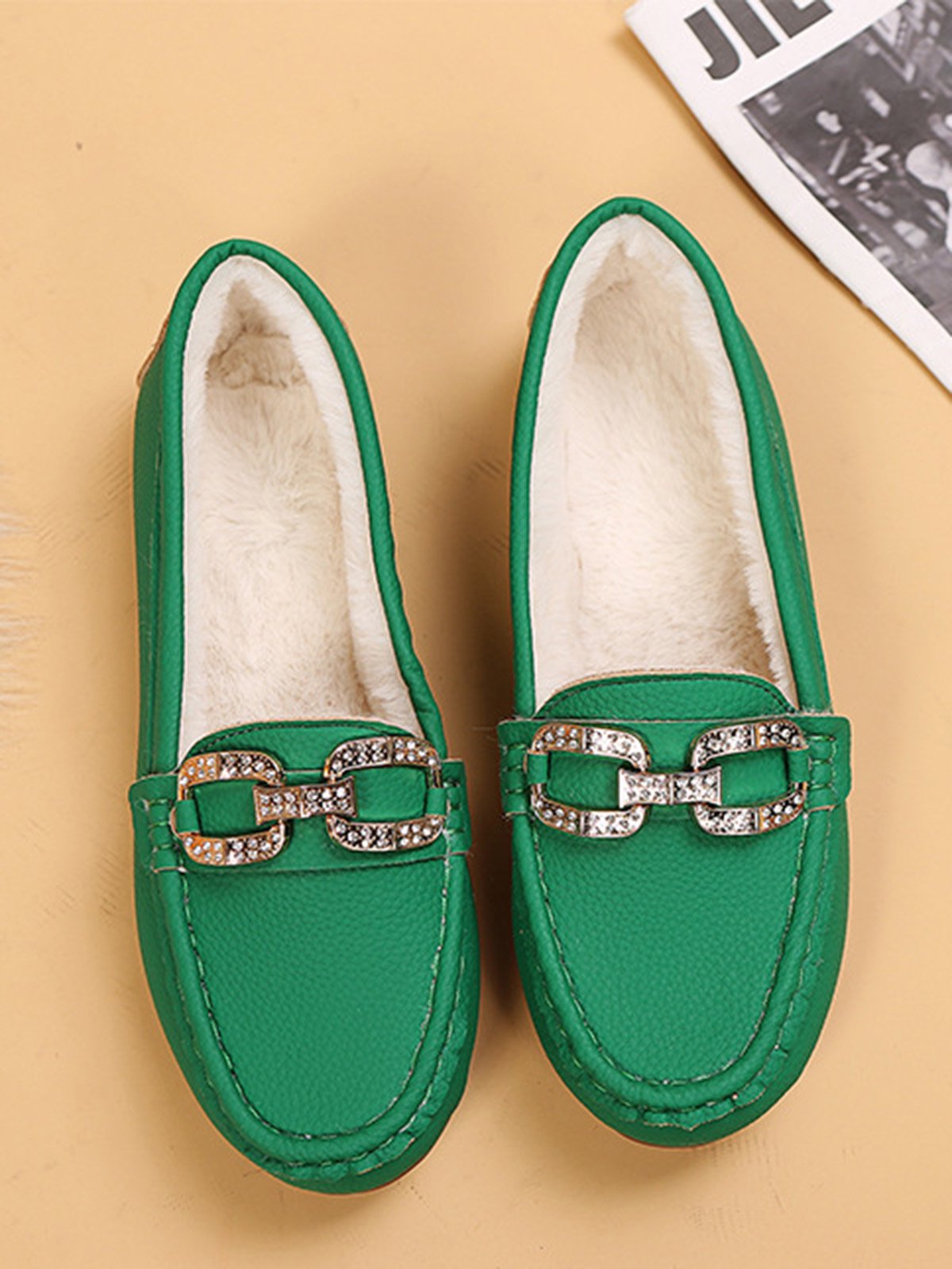 Plain Rhinestone Metal-embellished Faux Fur-lined Loafers