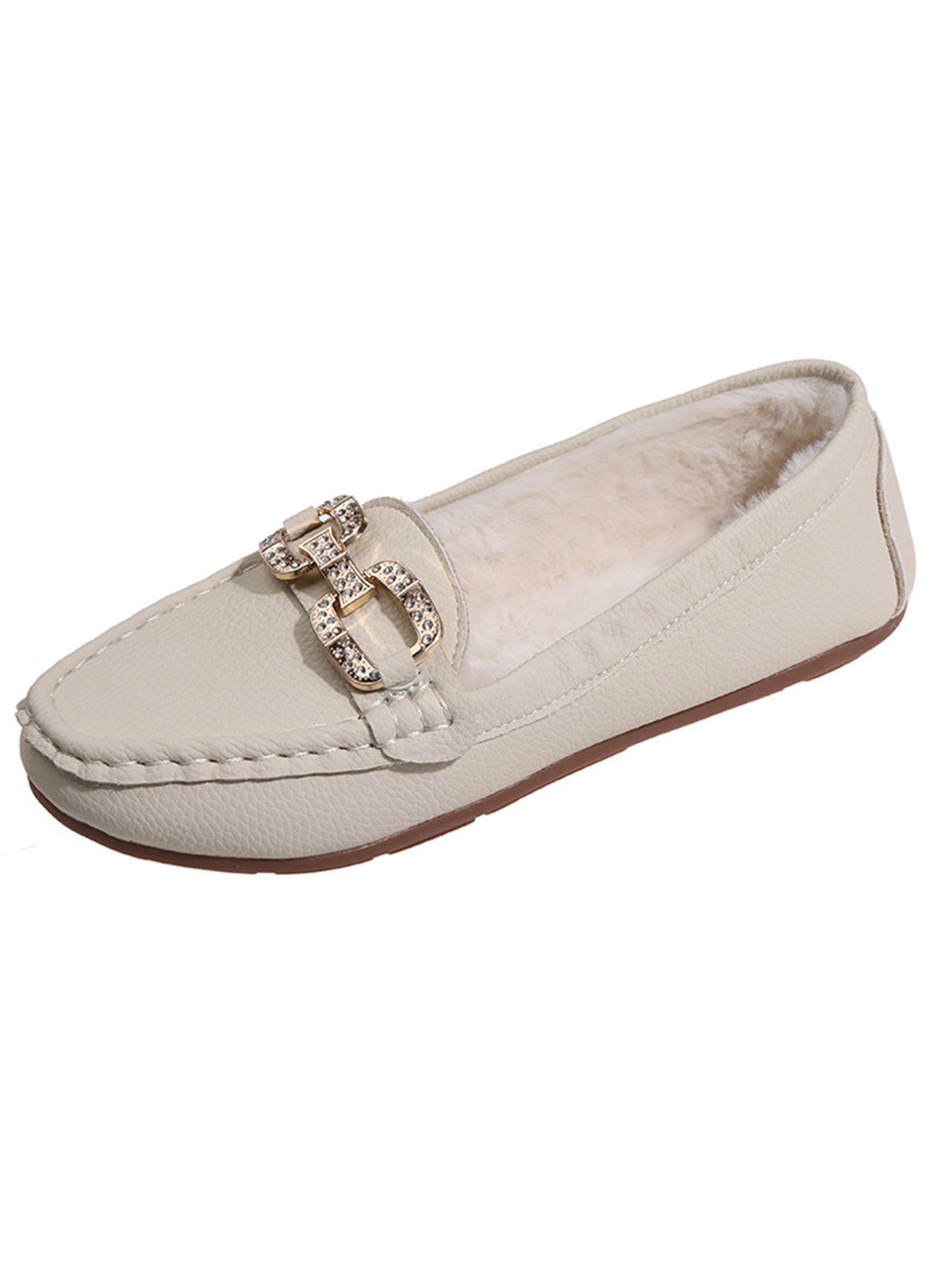 Plain Rhinestone Metal-embellished Faux Fur-lined Loafers
