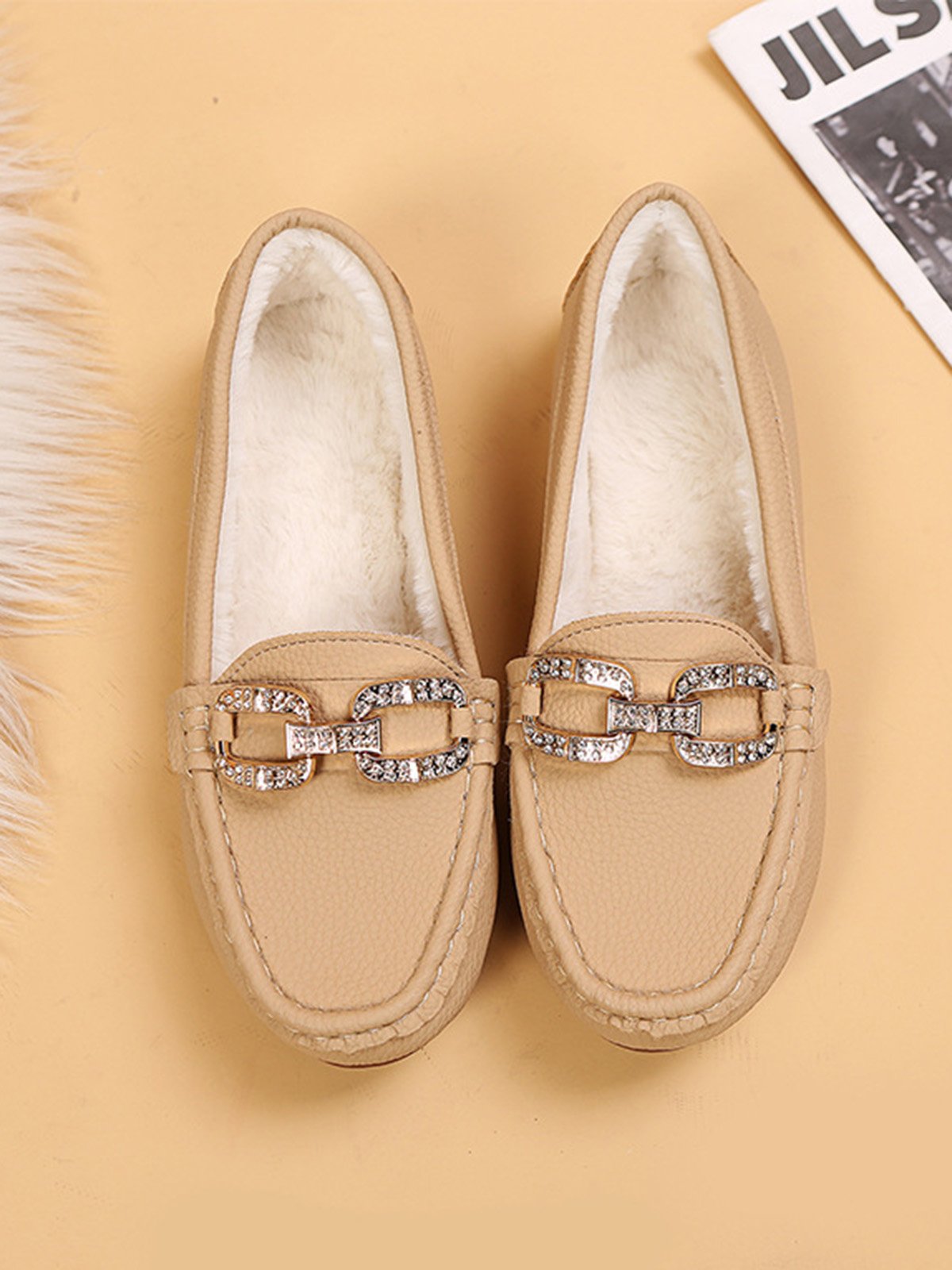 Plain Rhinestone Metal-embellished Faux Fur-lined Loafers