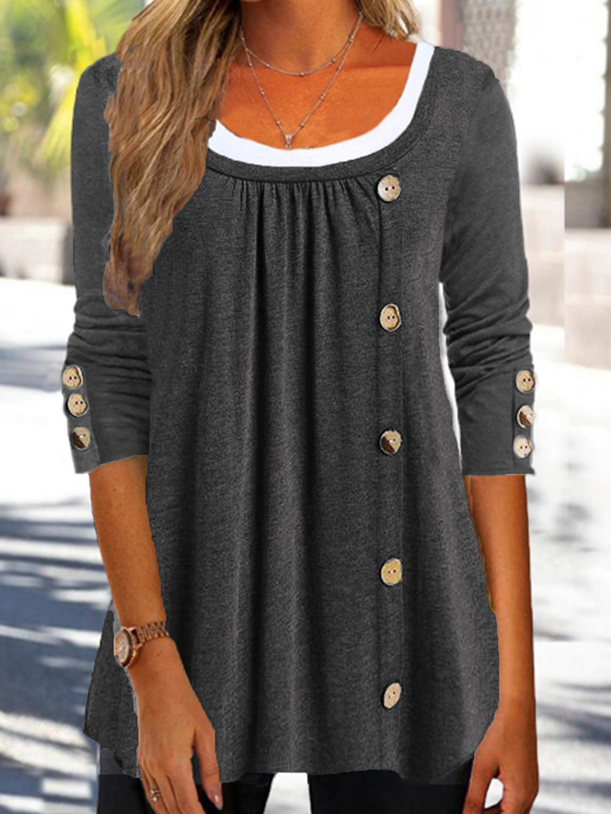 Casual Plain Autumn Lightweight Micro-Elasticity Daily Crew Neck Mid-long Regular Size Top for Women