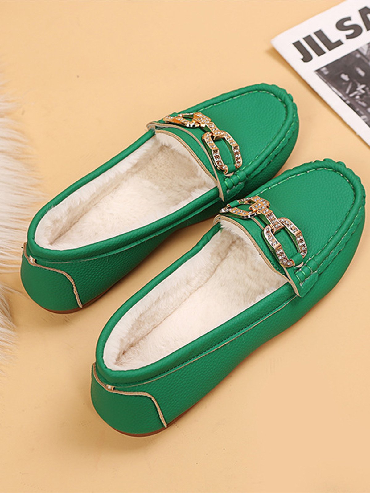 Plain Rhinestone Metal-embellished Faux Fur-lined Loafers