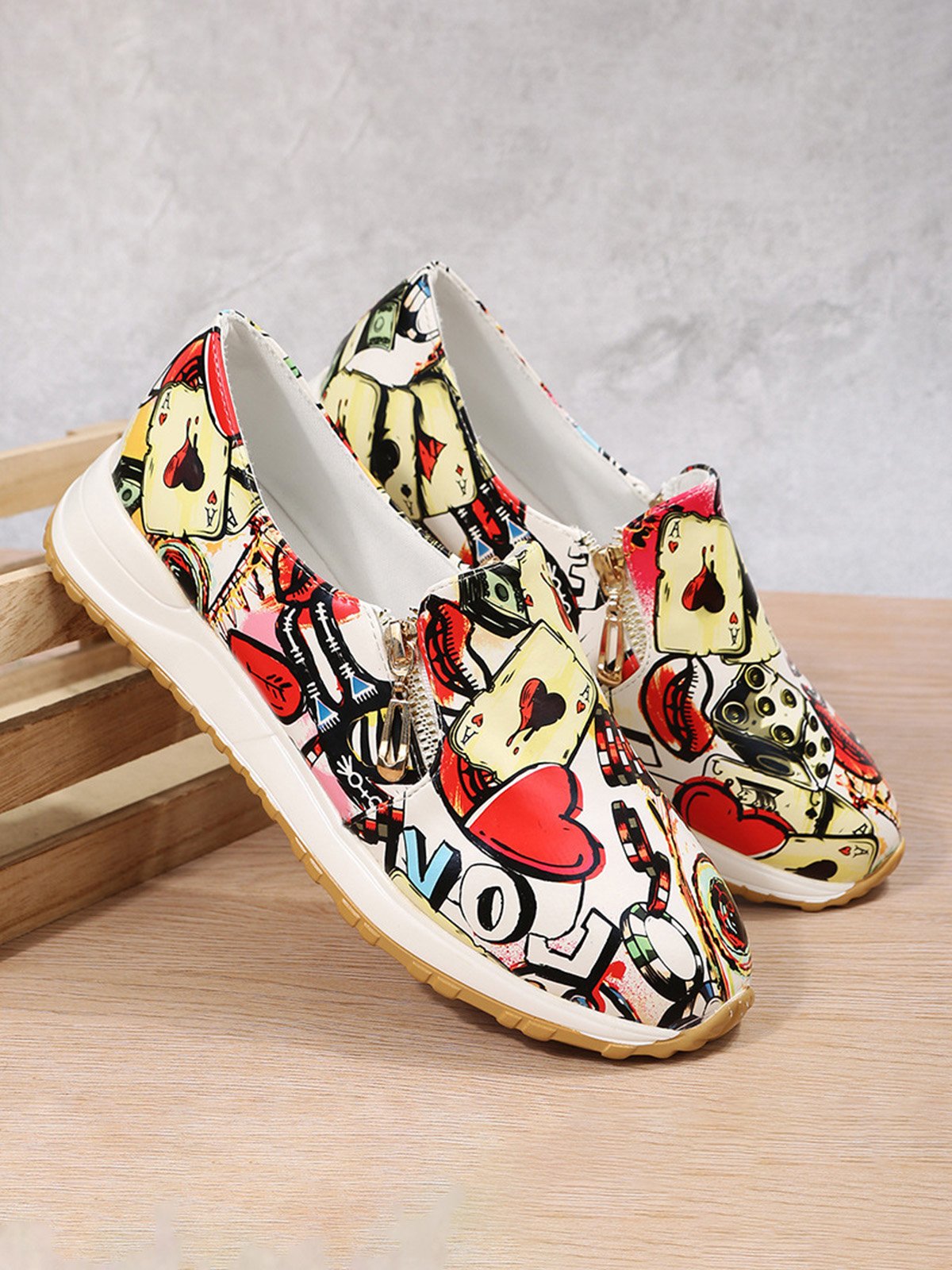Women's Casual Printing Zip Up Flat Shoes