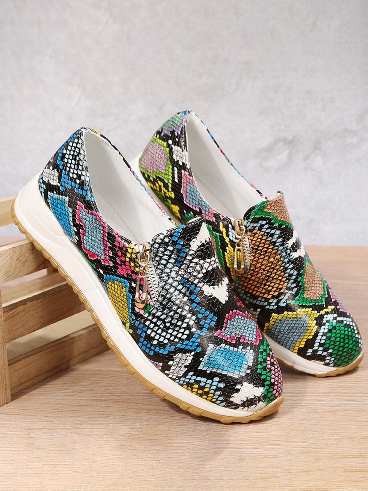 Women's Casual Printing Zip Up Flat Shoes