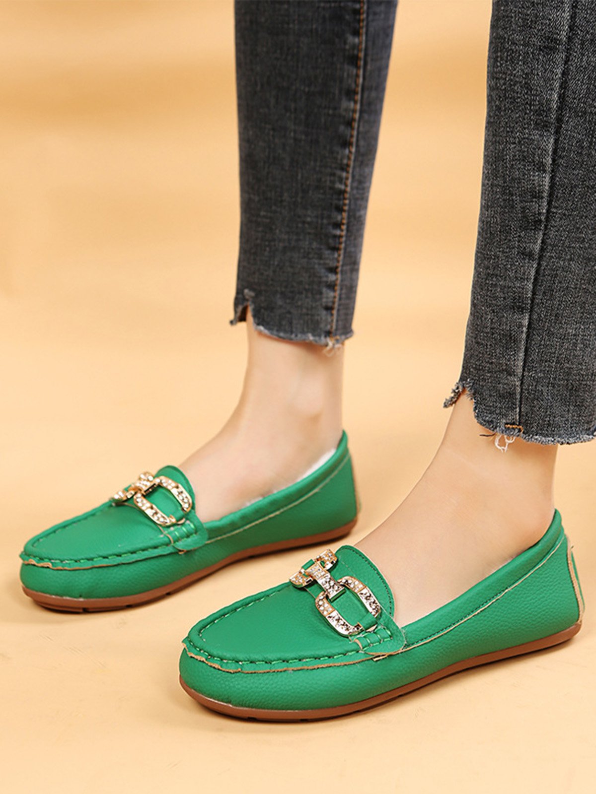 Plain Rhinestone Metal-embellished Faux Fur-lined Loafers