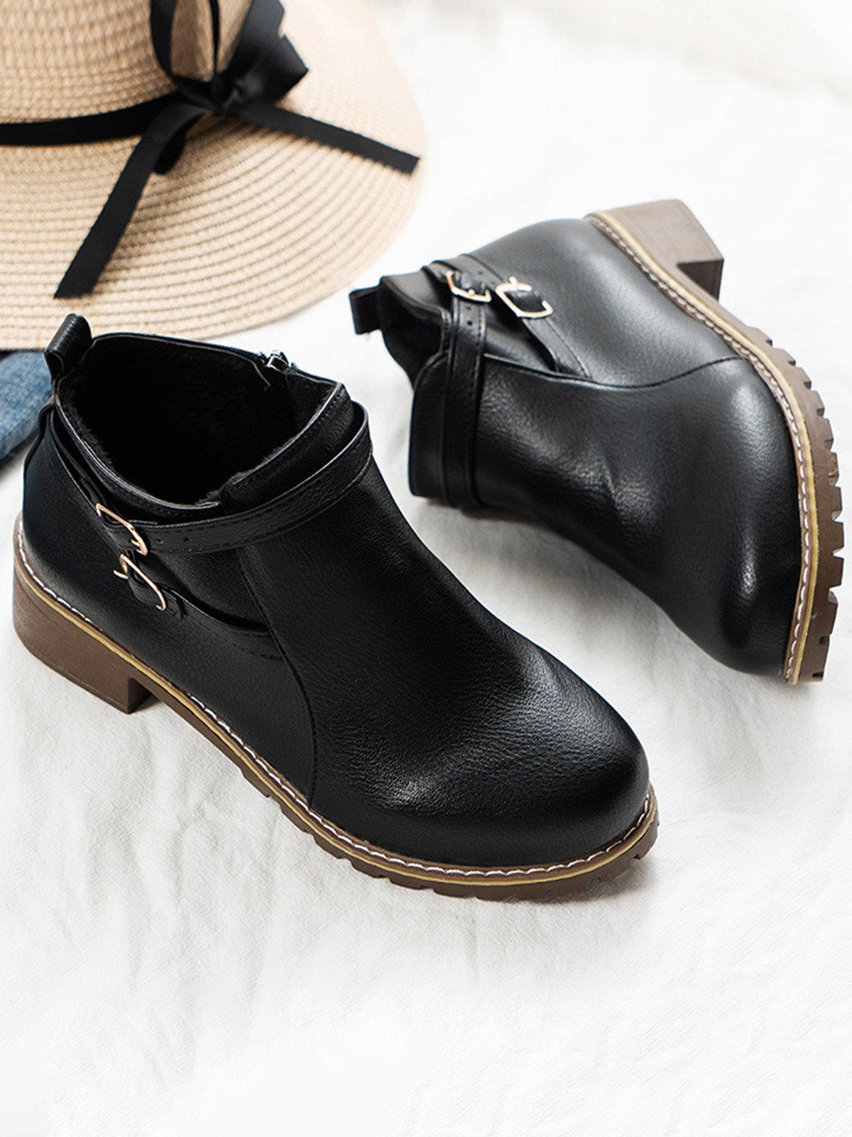 Women's Simple Plain Buckle Embellished Zip Booties