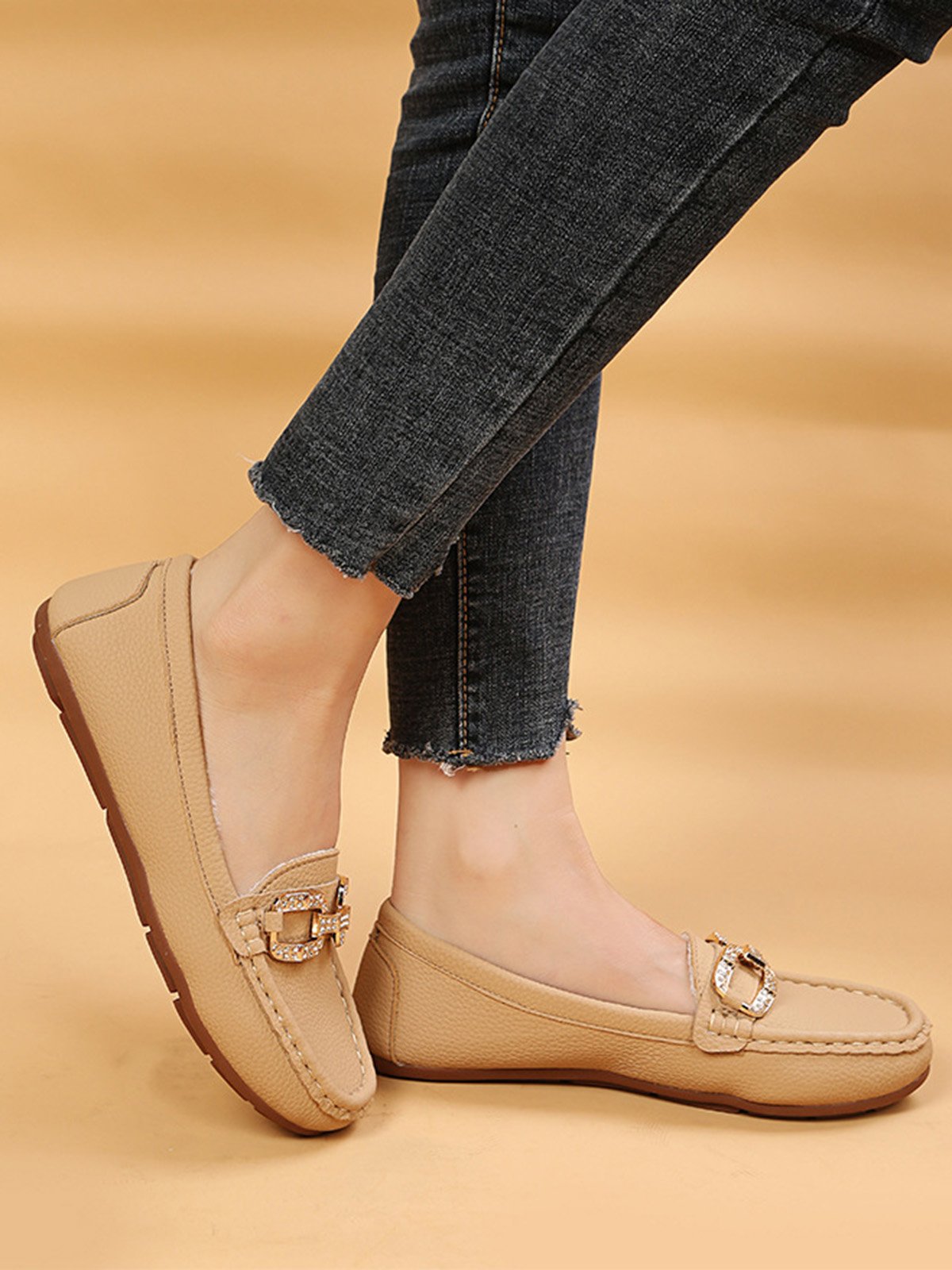 Plain Rhinestone Metal-embellished Faux Fur-lined Loafers