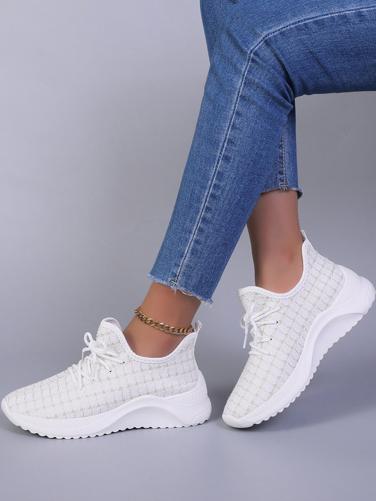 Plus Size Plaid Mesh Fabric Slip On Sneakers