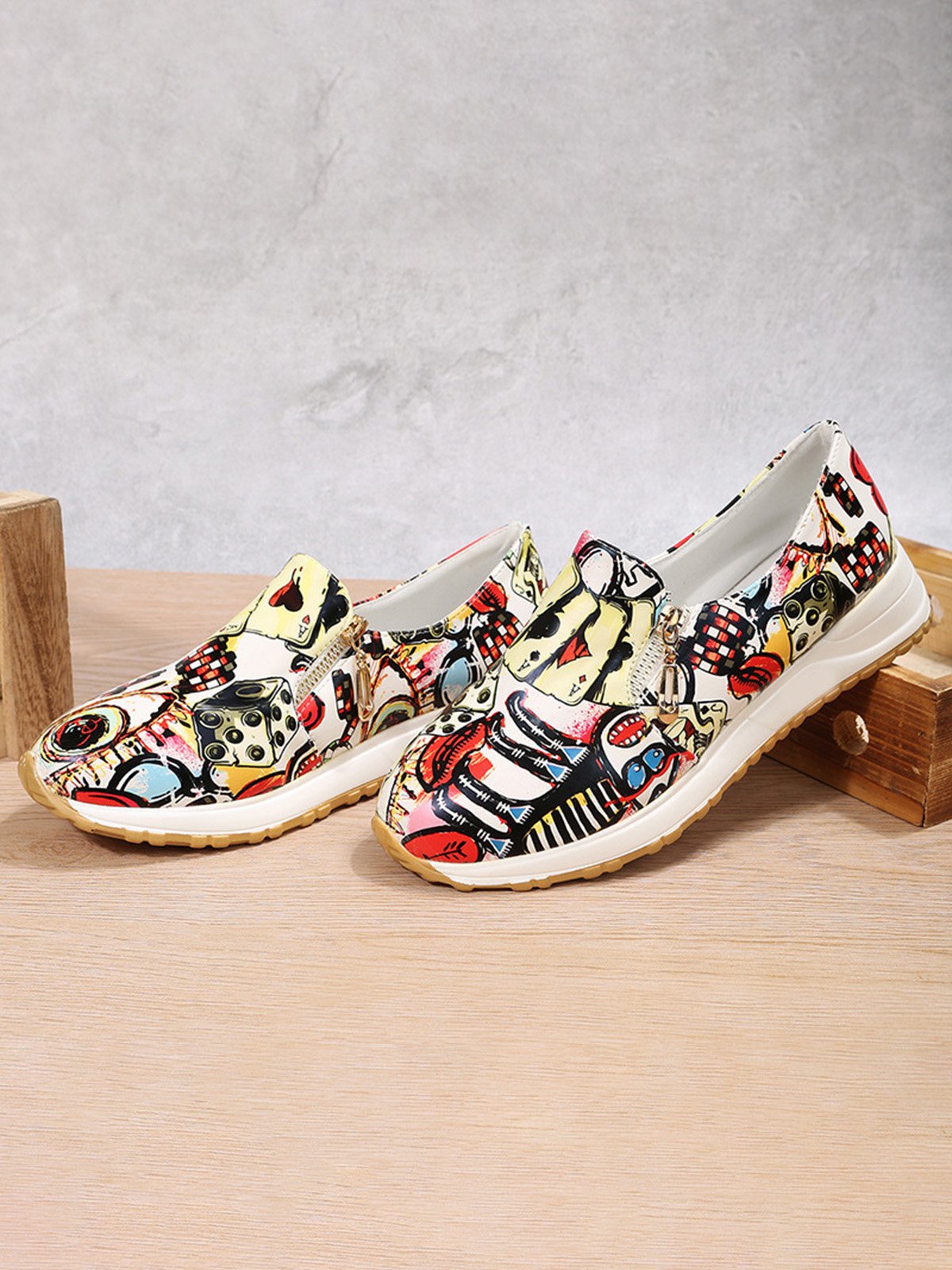 Women's Casual Printing Zip Up Flat Shoes