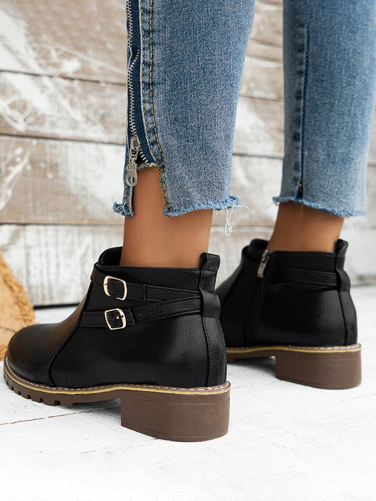 Women's Simple Plain Buckle Embellished Zip Booties