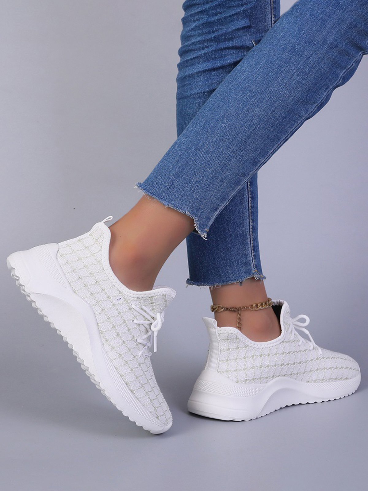 Plus Size Plaid Mesh Fabric Slip On Sneakers