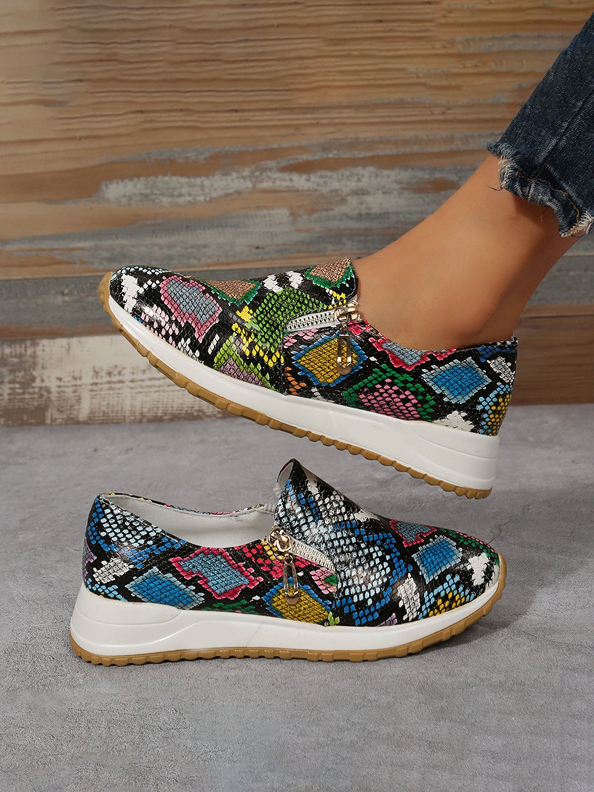 Women's Casual Printing Zip Up Flat Shoes