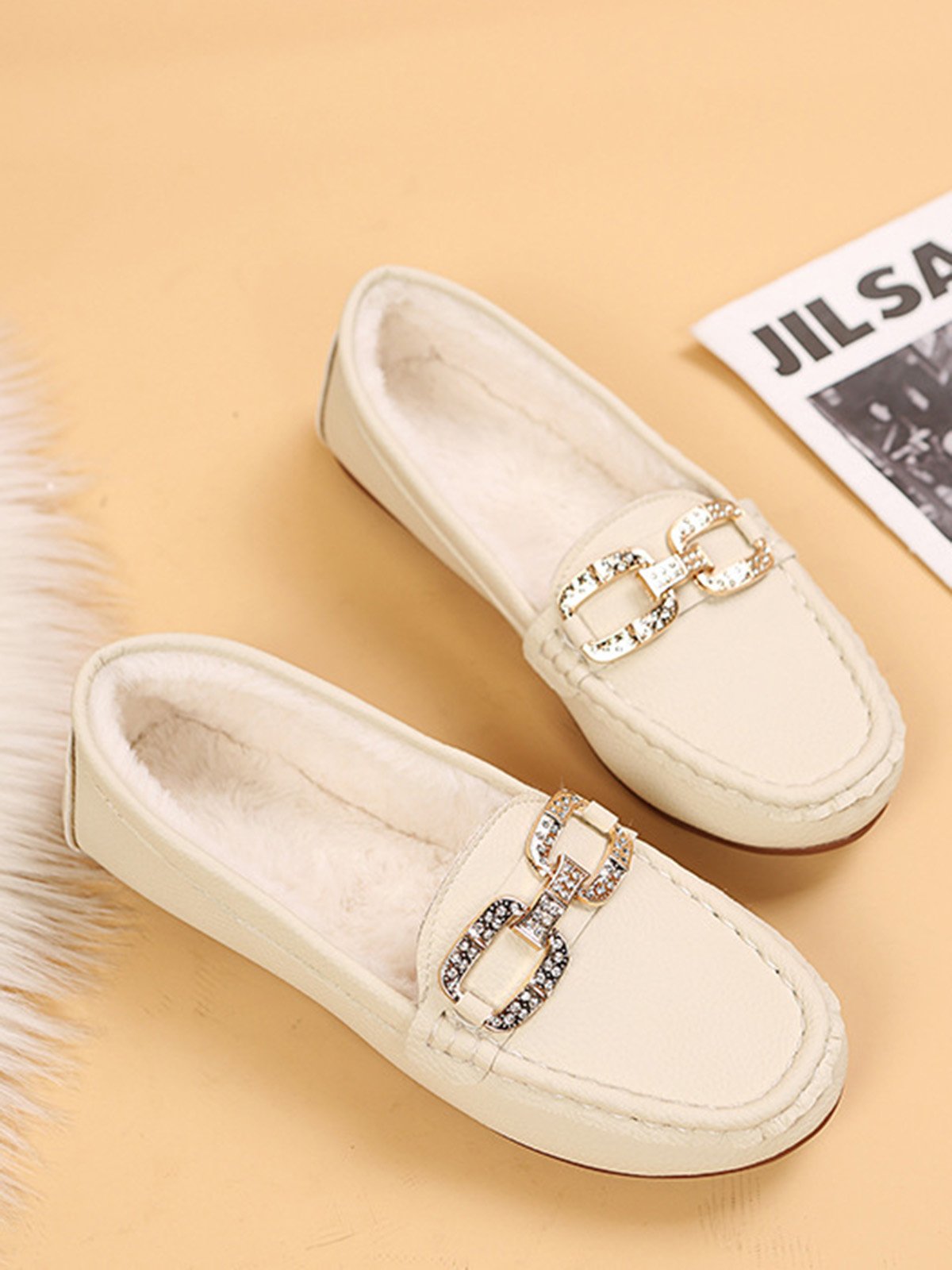Plain Rhinestone Metal-embellished Faux Fur-lined Loafers