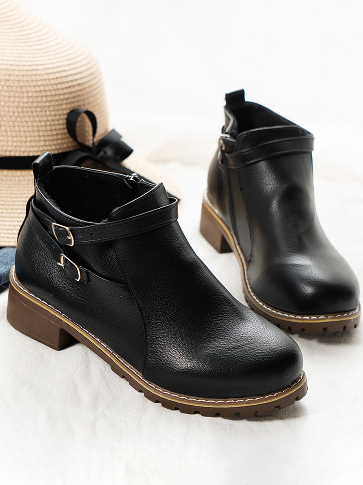 Women's Simple Plain Buckle Embellished Zip Booties