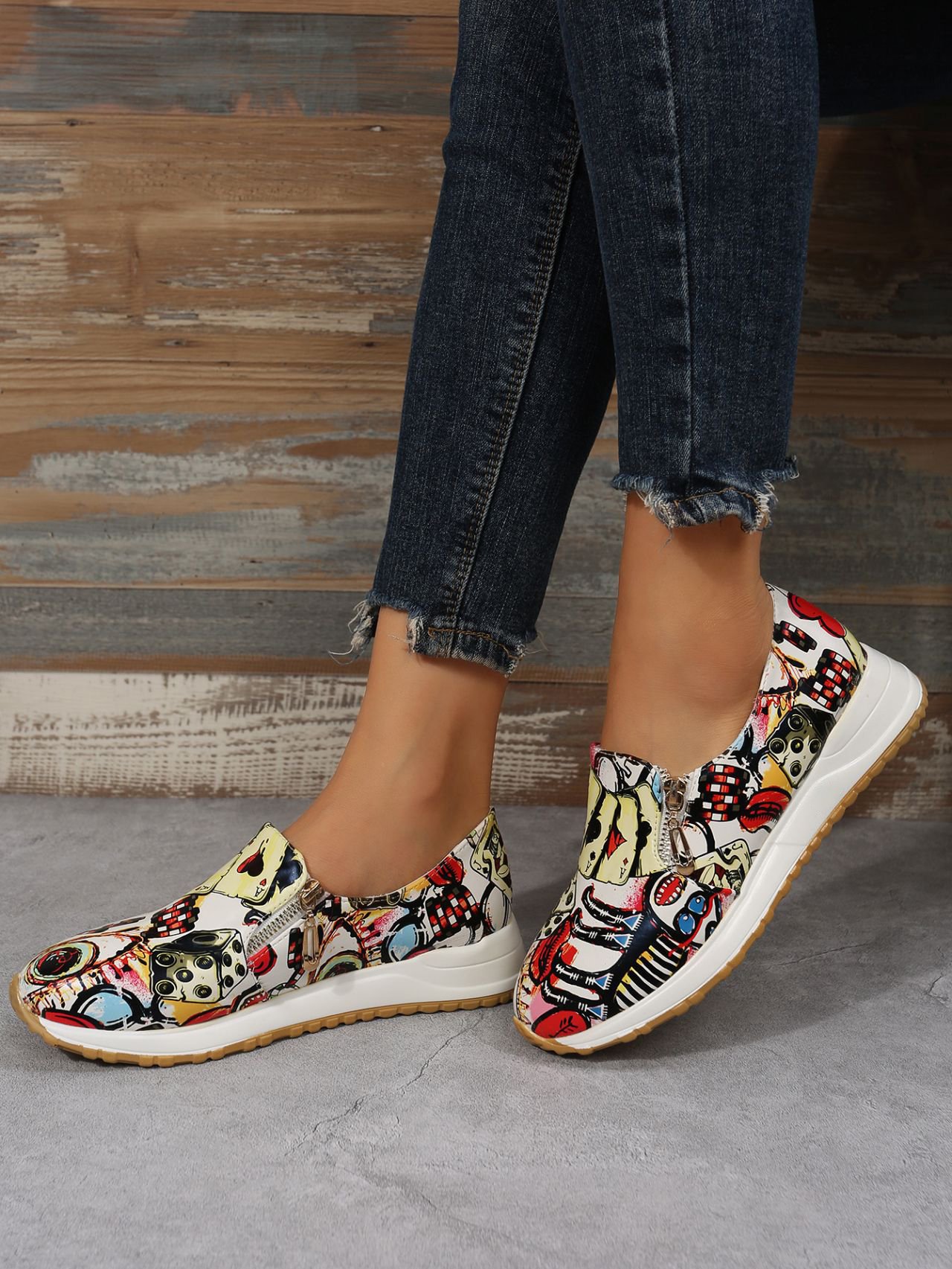 Women's Casual Printing Zip Up Flat Shoes