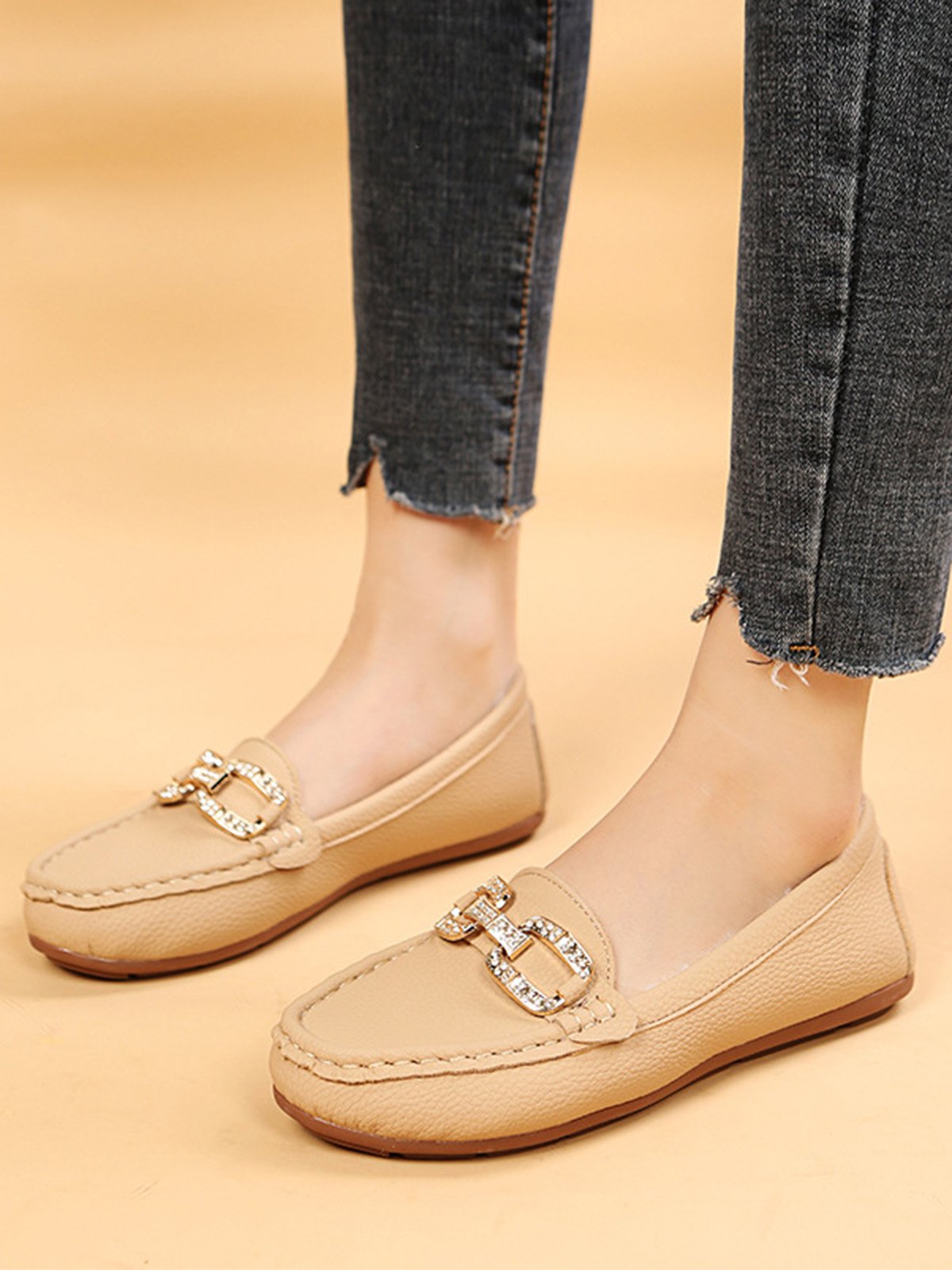 Plain Rhinestone Metal-embellished Faux Fur-lined Loafers