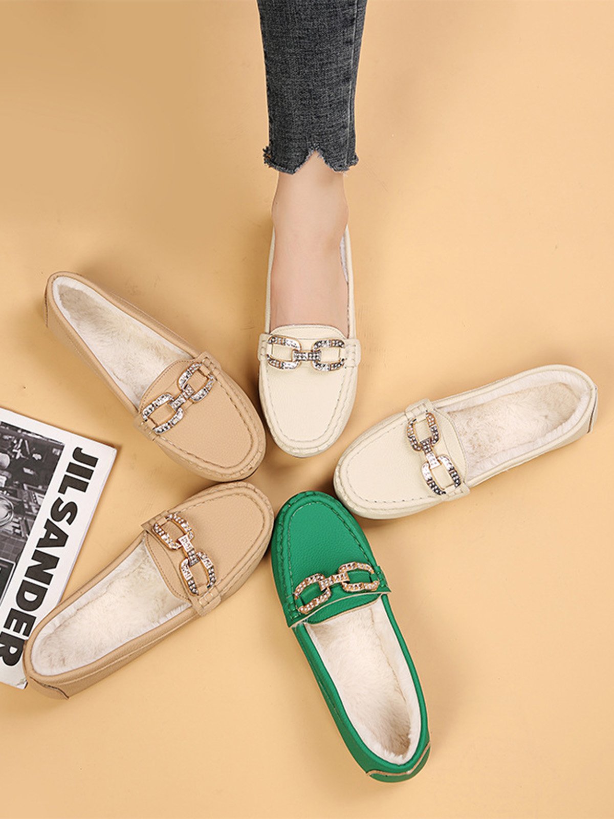Plain Rhinestone Metal-embellished Faux Fur-lined Loafers