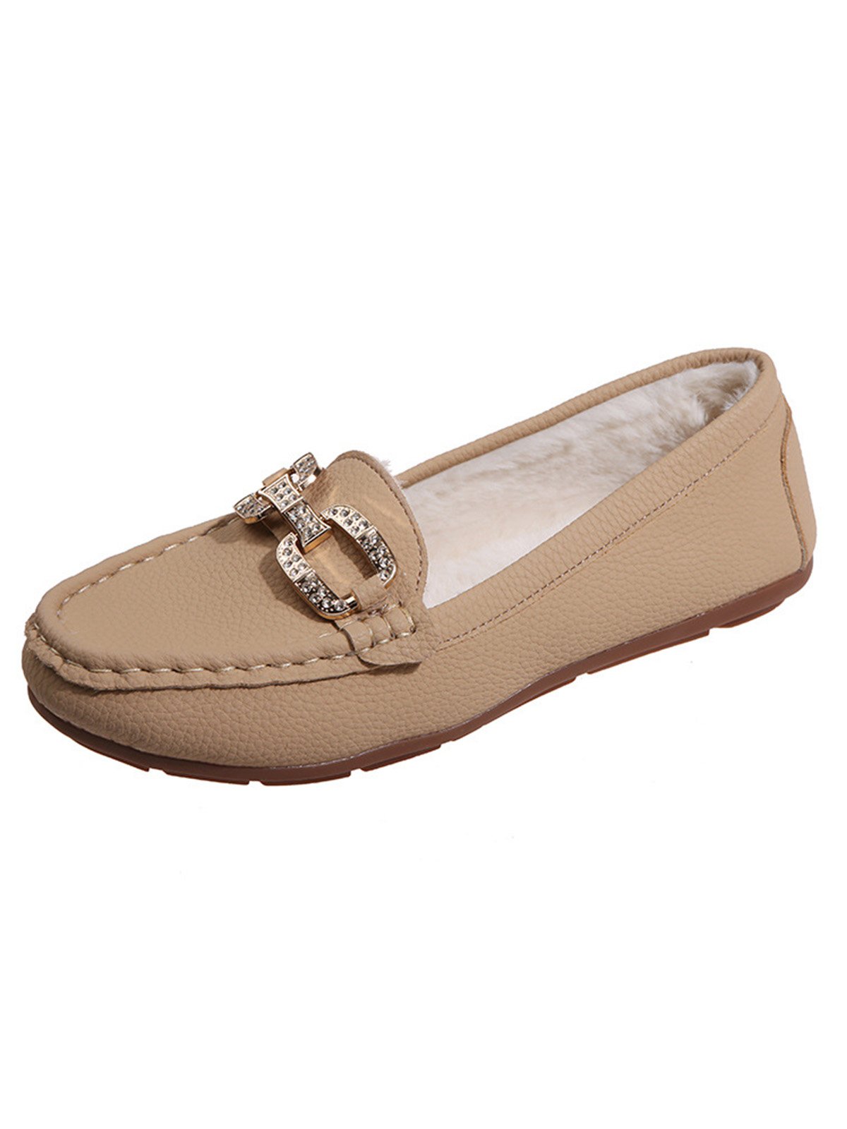 Plain Rhinestone Metal-embellished Faux Fur-lined Loafers