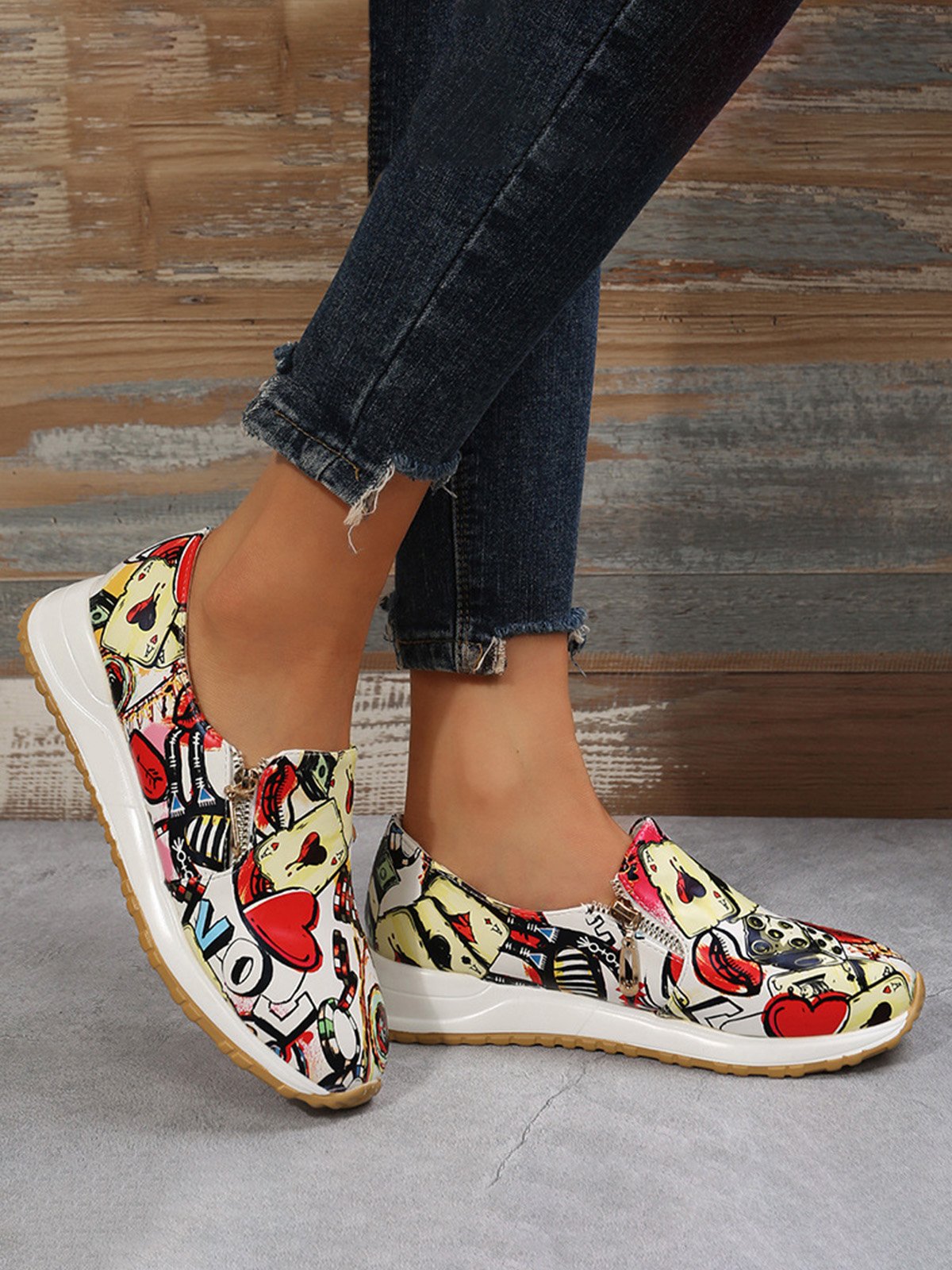 Women's Casual Printing Zip Up Flat Shoes