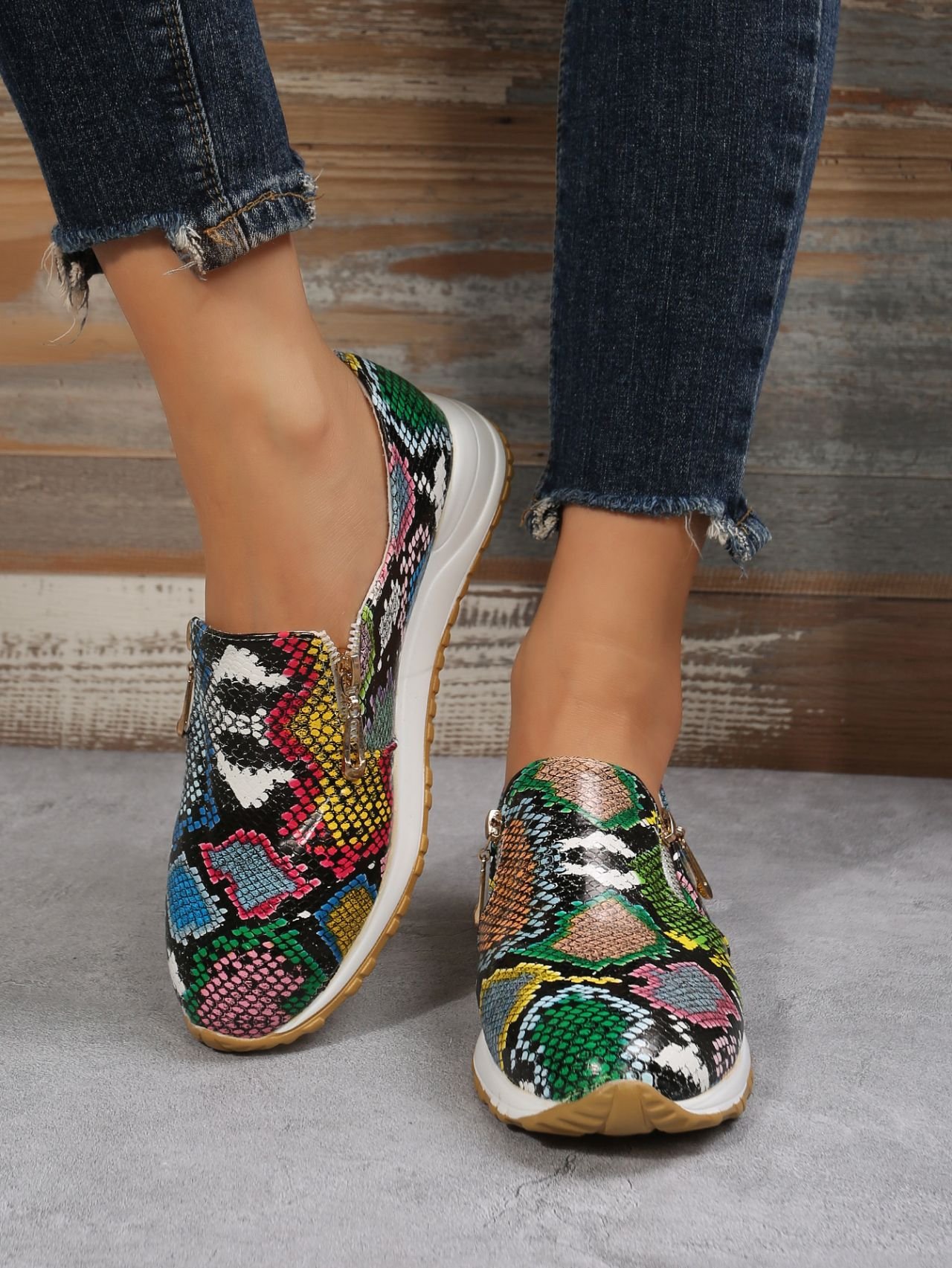 Women's Casual Printing Zip Up Flat Shoes
