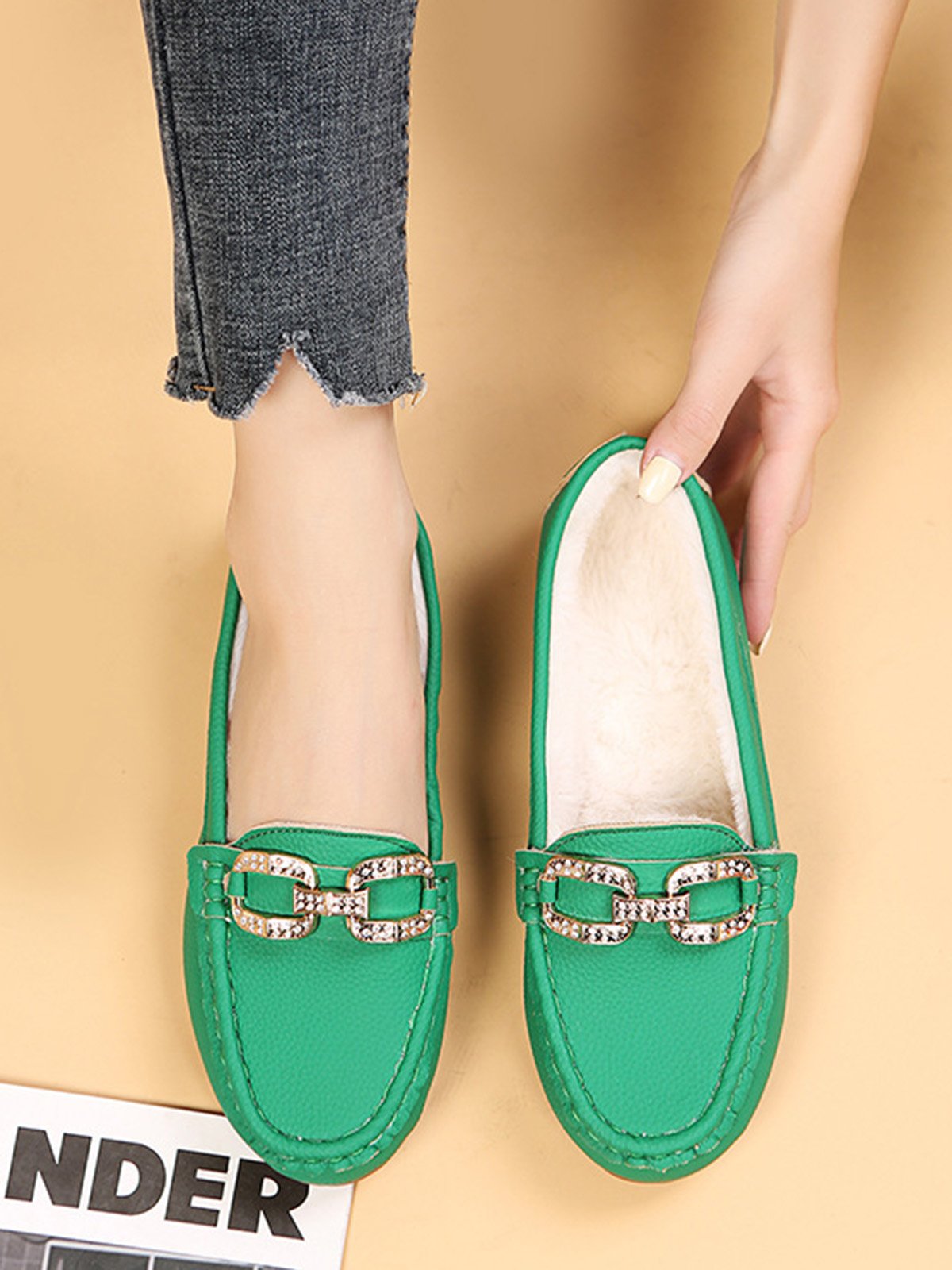 Plain Rhinestone Metal-embellished Faux Fur-lined Loafers