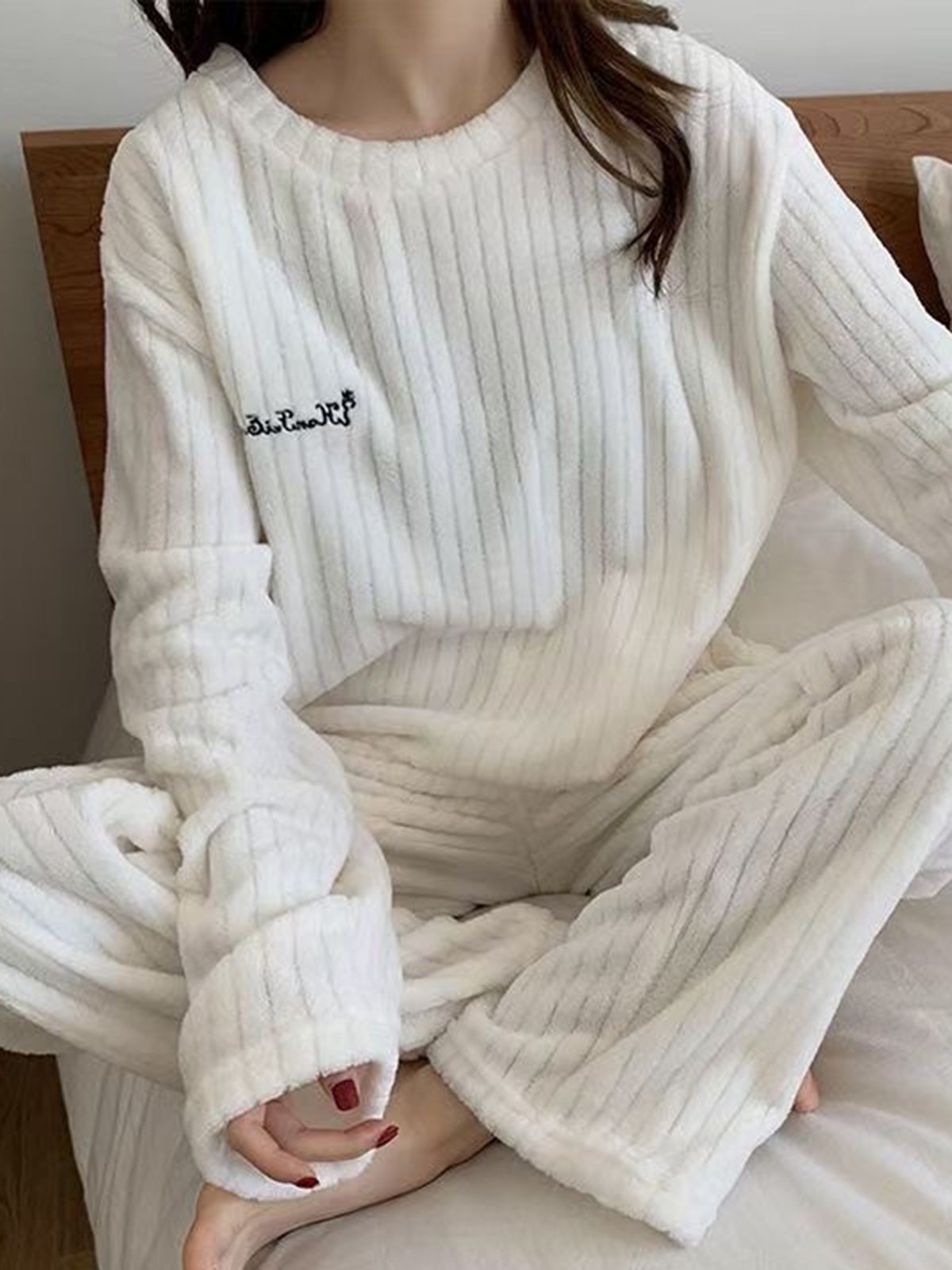 Flannel Thermal Pajamas Long Sleeve Pants Homewear Set Plus Size
