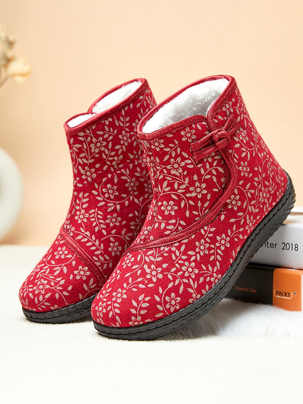 Ethnic Style Plant Graphics Warm Plus Velvet Outdoor Snow Boots