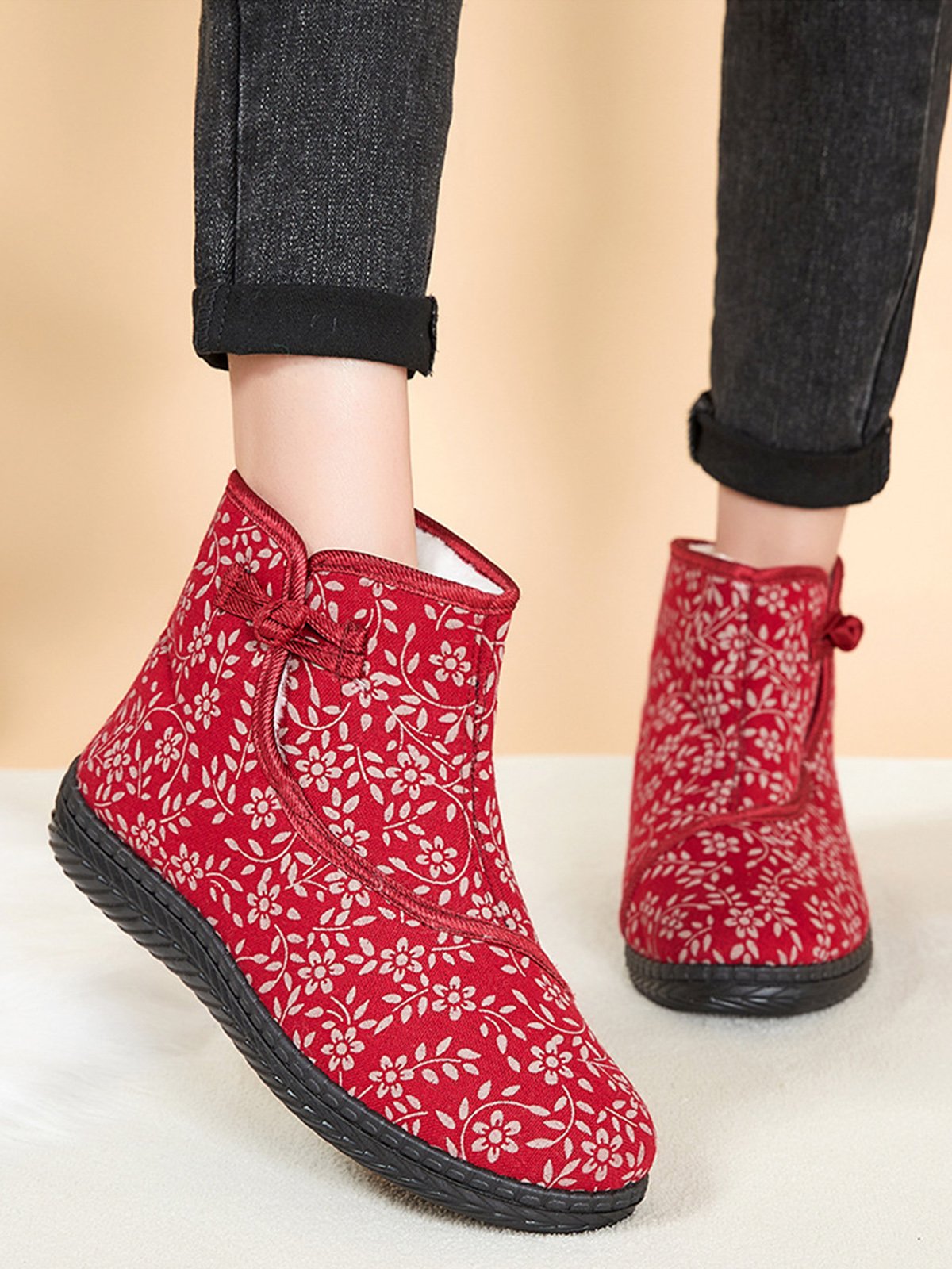 Ethnic Style Plant Graphics Warm Plus Velvet Outdoor Snow Boots