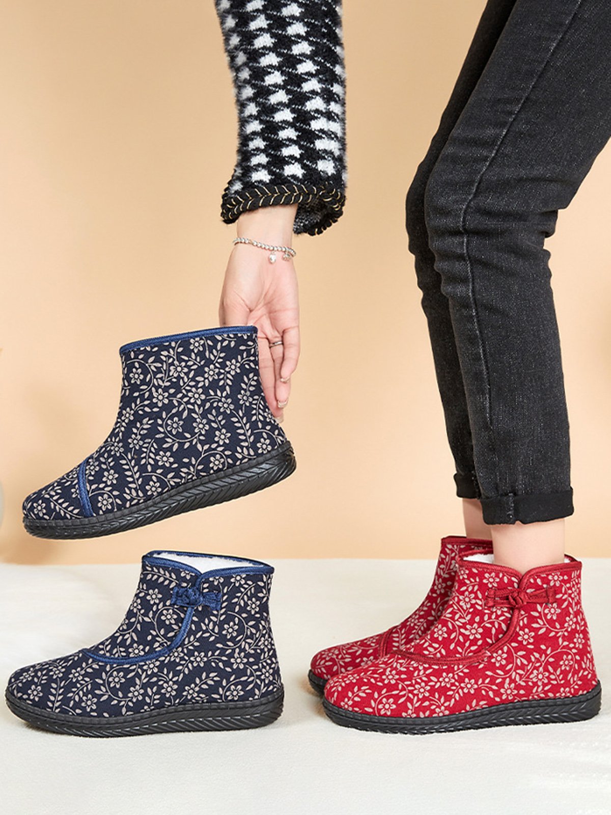 Ethnic Style Plant Graphics Warm Plus Velvet Outdoor Snow Boots