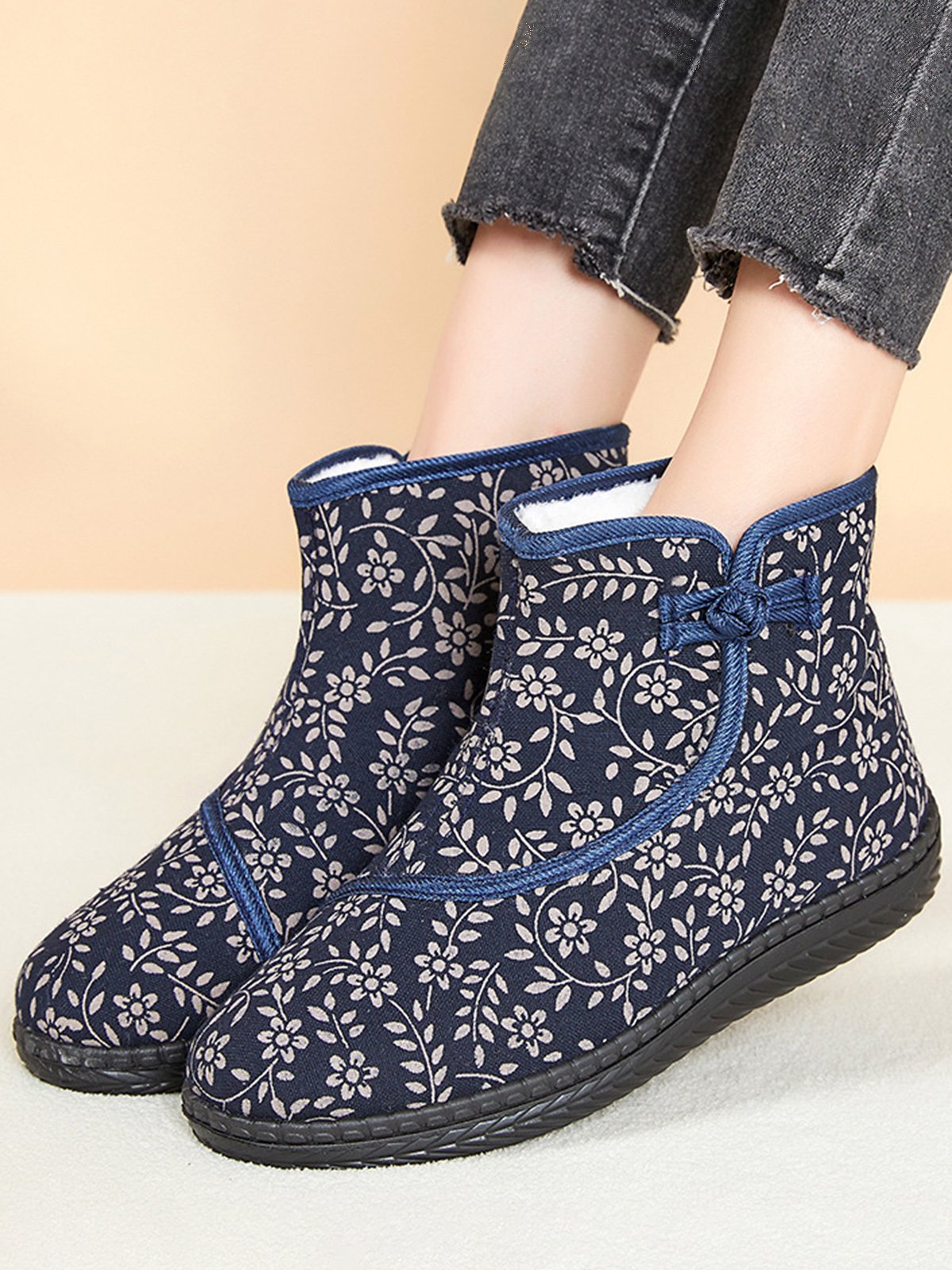 Ethnic Style Plant Graphics Warm Plus Velvet Outdoor Snow Boots