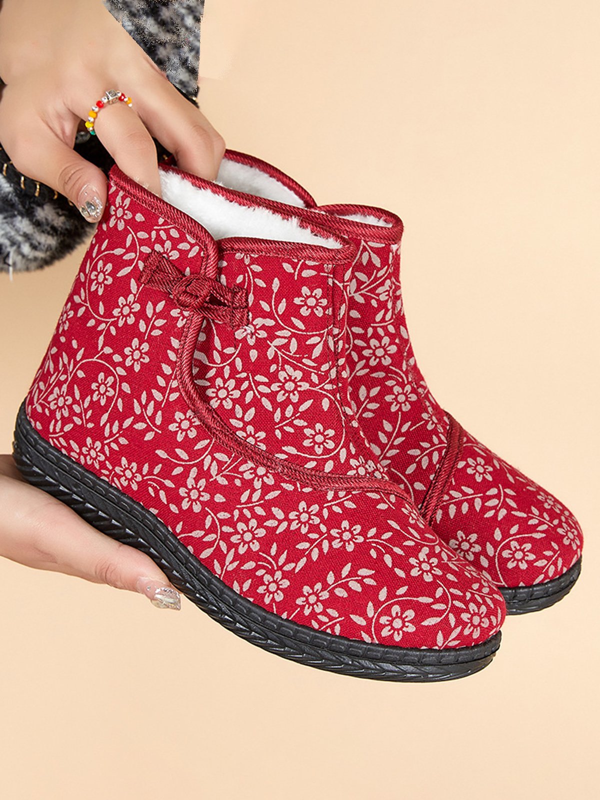 Ethnic Style Plant Graphics Warm Plus Velvet Outdoor Snow Boots