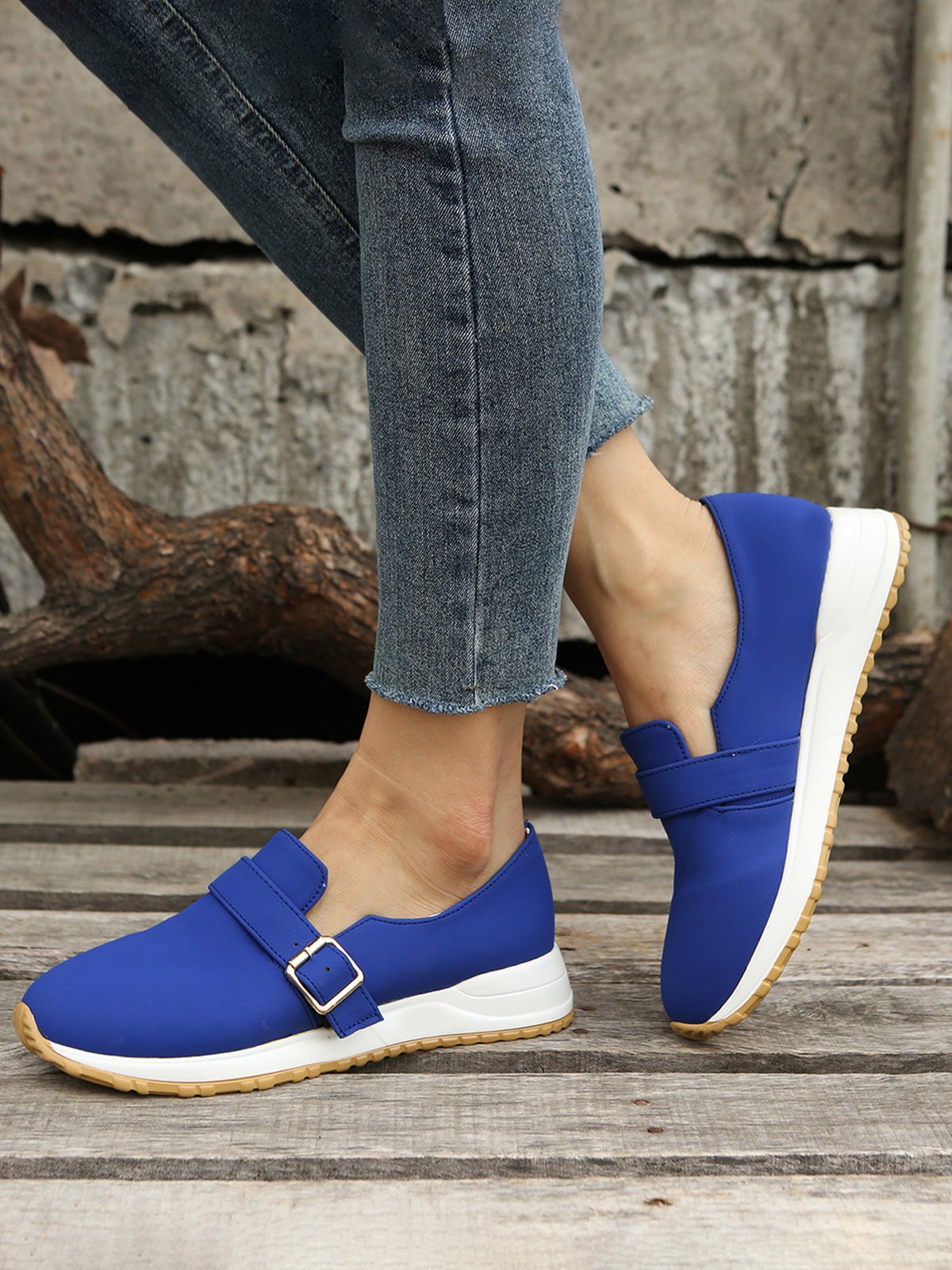 Casual Plain Color Buckle Strap Slip On Flat Sneakers