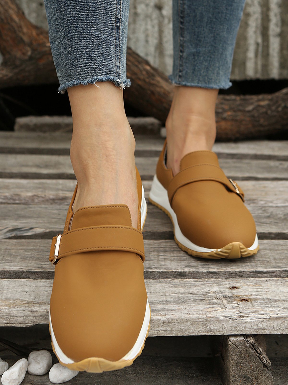 Casual Plain Color Buckle Strap Slip On Flat Sneakers
